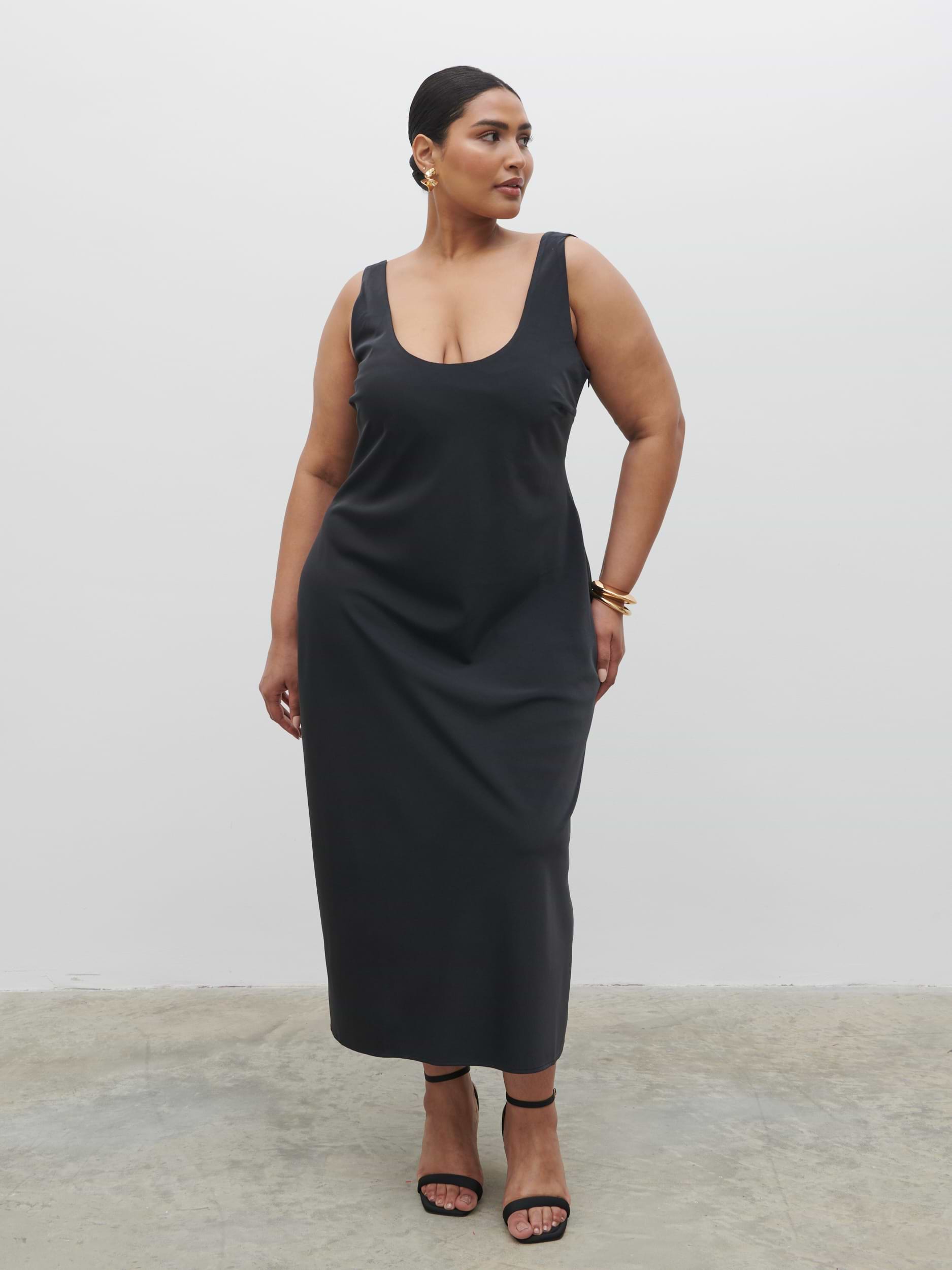 Evelyn Satin Slip Midaxi Dress Curve - Black
