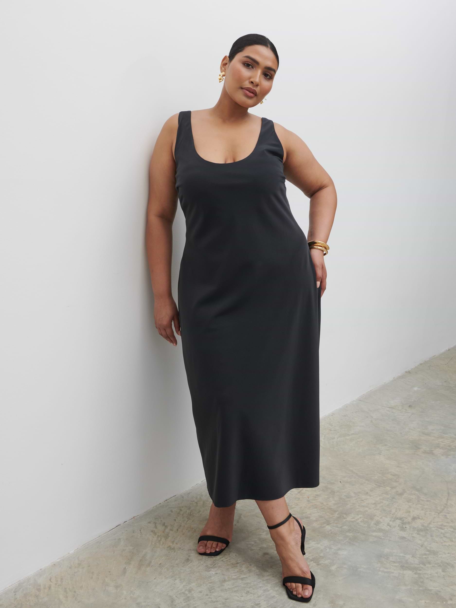 Evelyn Satin Slip Midaxi Dress Curve - Black