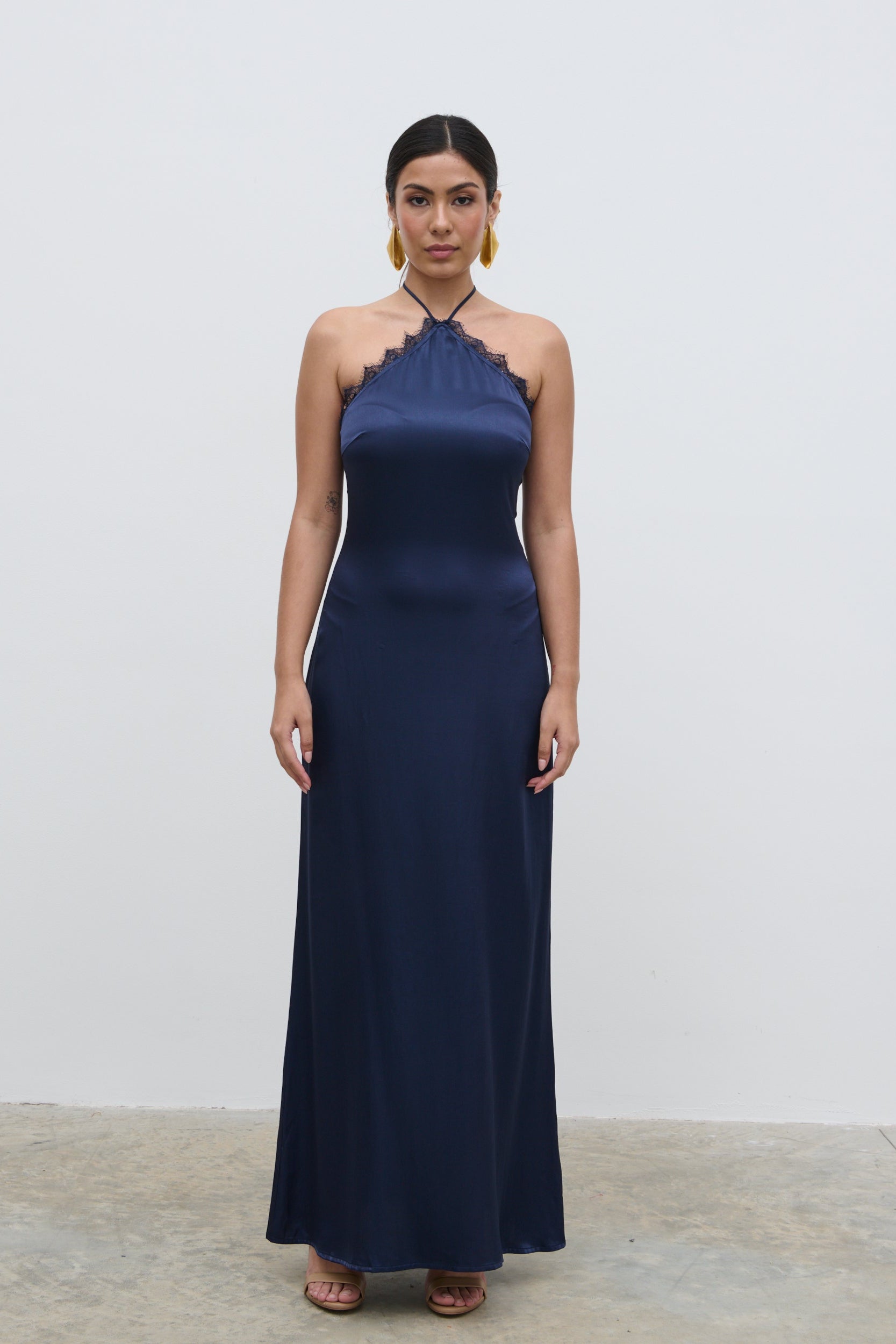 Everly Lace Trim Halter Maxi Dress - Navy
