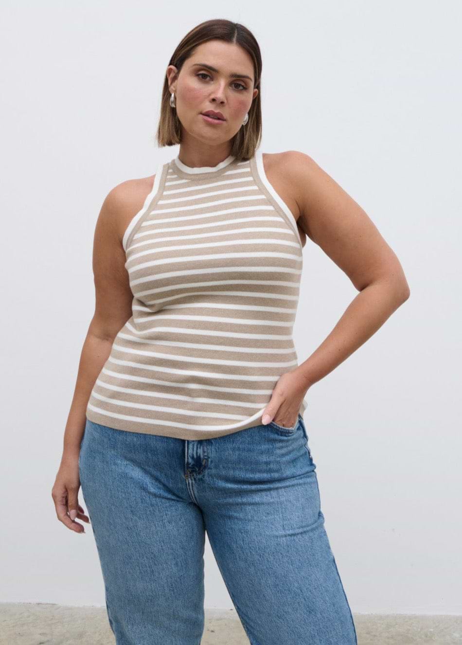 Ferne Stripe Knit Racer Top Curve - Beige and Cream Stripe