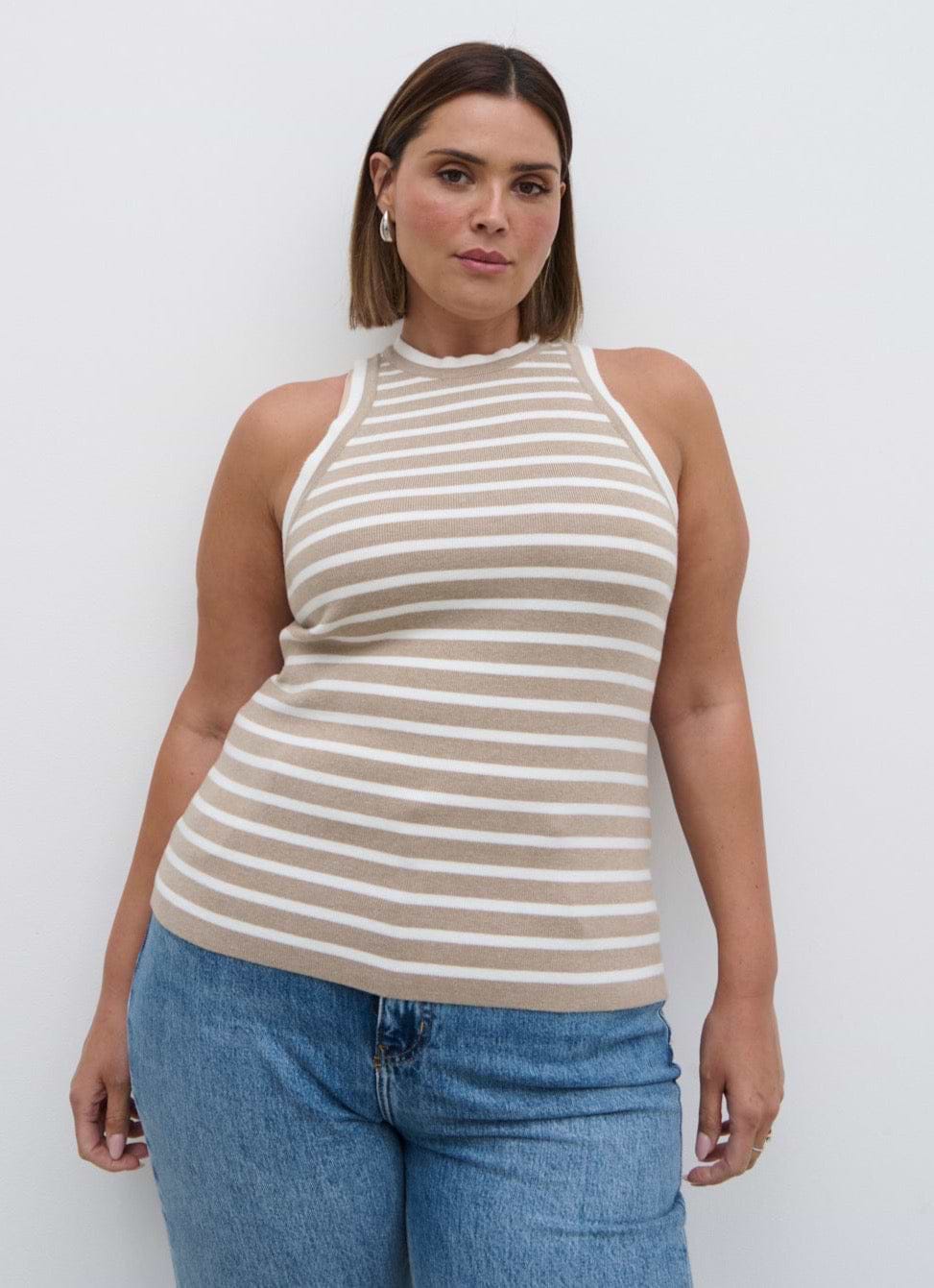 Ferne Stripe Knit Racer Top Curve - Beige and Cream Stripe