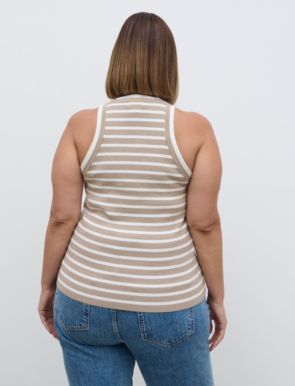 Ferne Stripe Knit Racer Top Curve - Beige and Cream Stripe