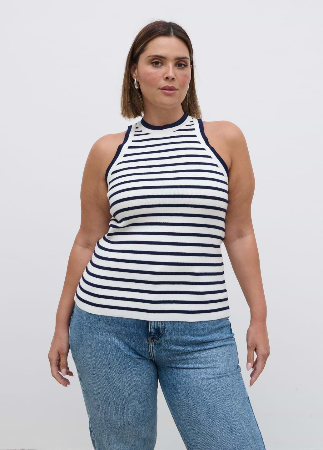 Ferne Stripe Knit Racer Top Curve - Navy and Cream Stripe