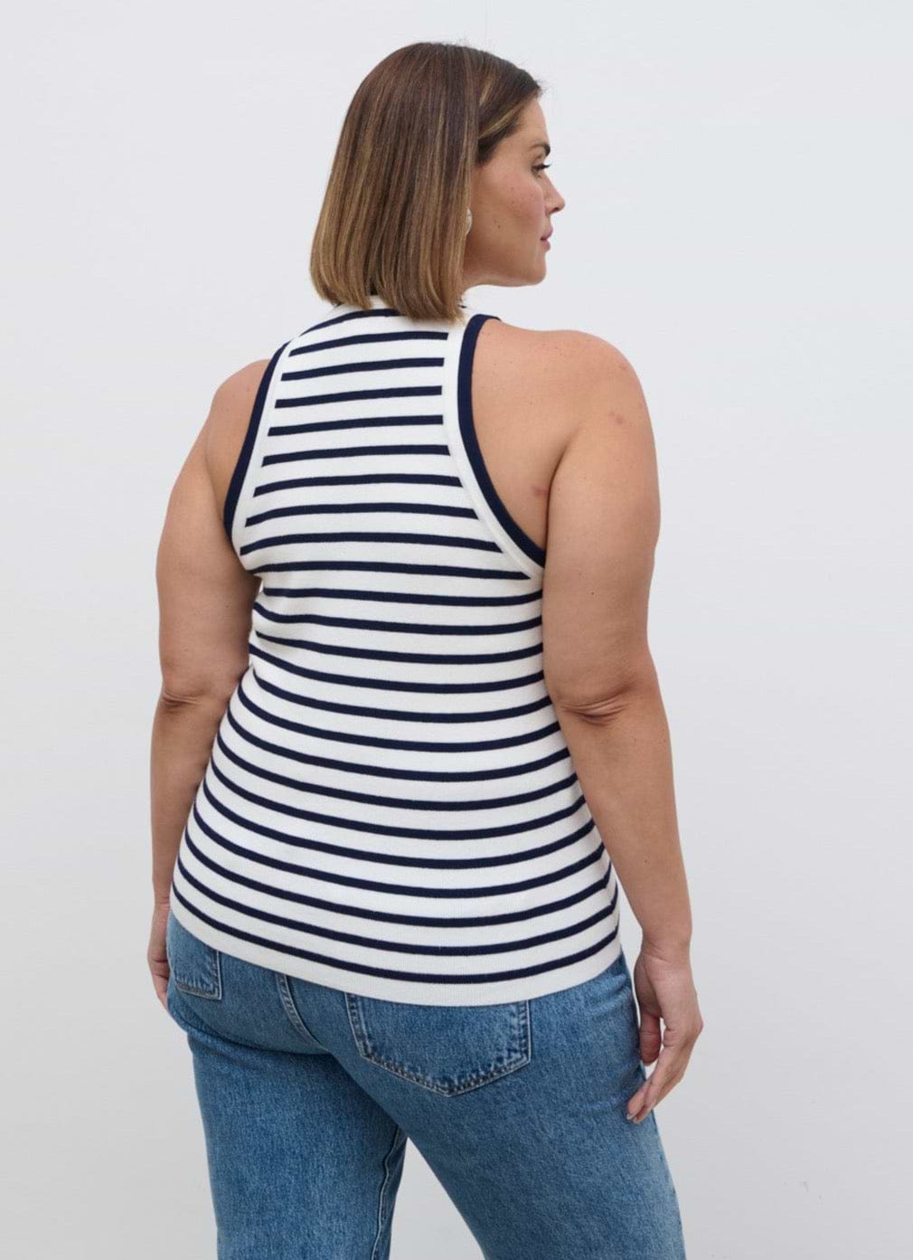 Ferne Stripe Knit Racer Top Curve - Navy and Cream Stripe