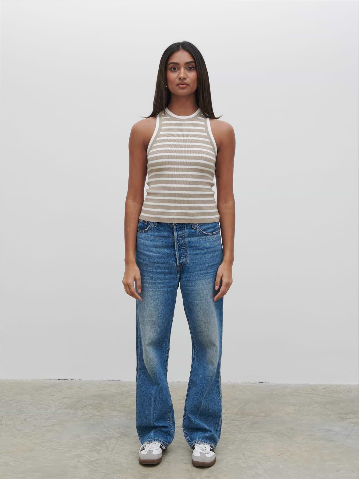 Ferne Stripe Knit Racer Top - Beige and Cream Stripe