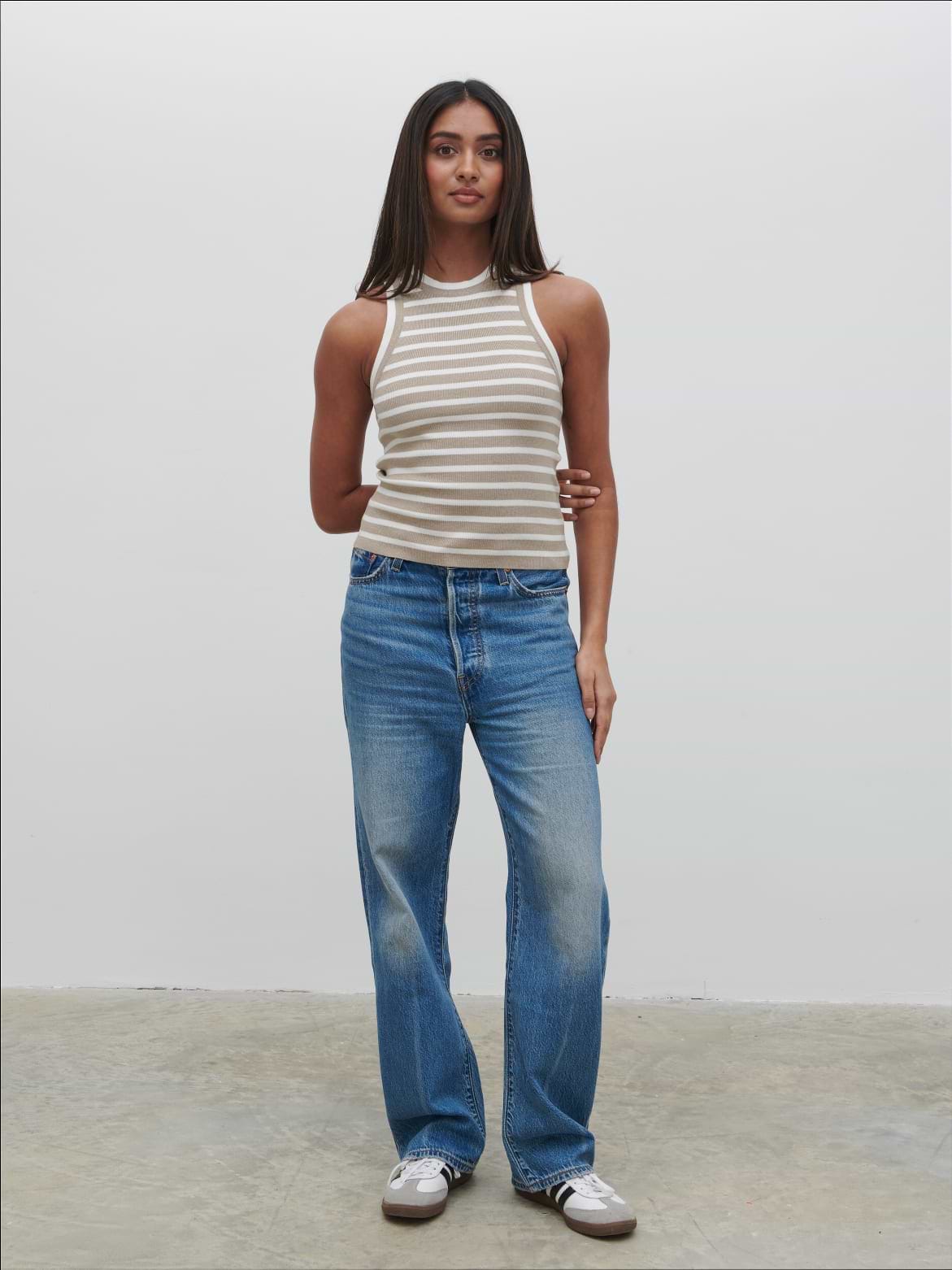 Ferne Stripe Knit Racer Top - Beige and Cream Stripe