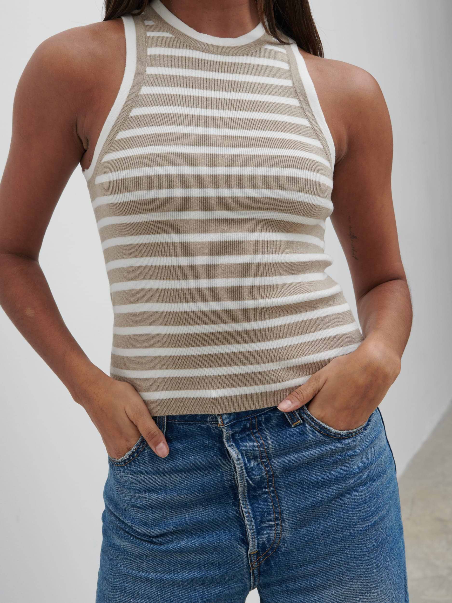 Ferne Stripe Knit Racer Top - Beige and Cream Stripe
