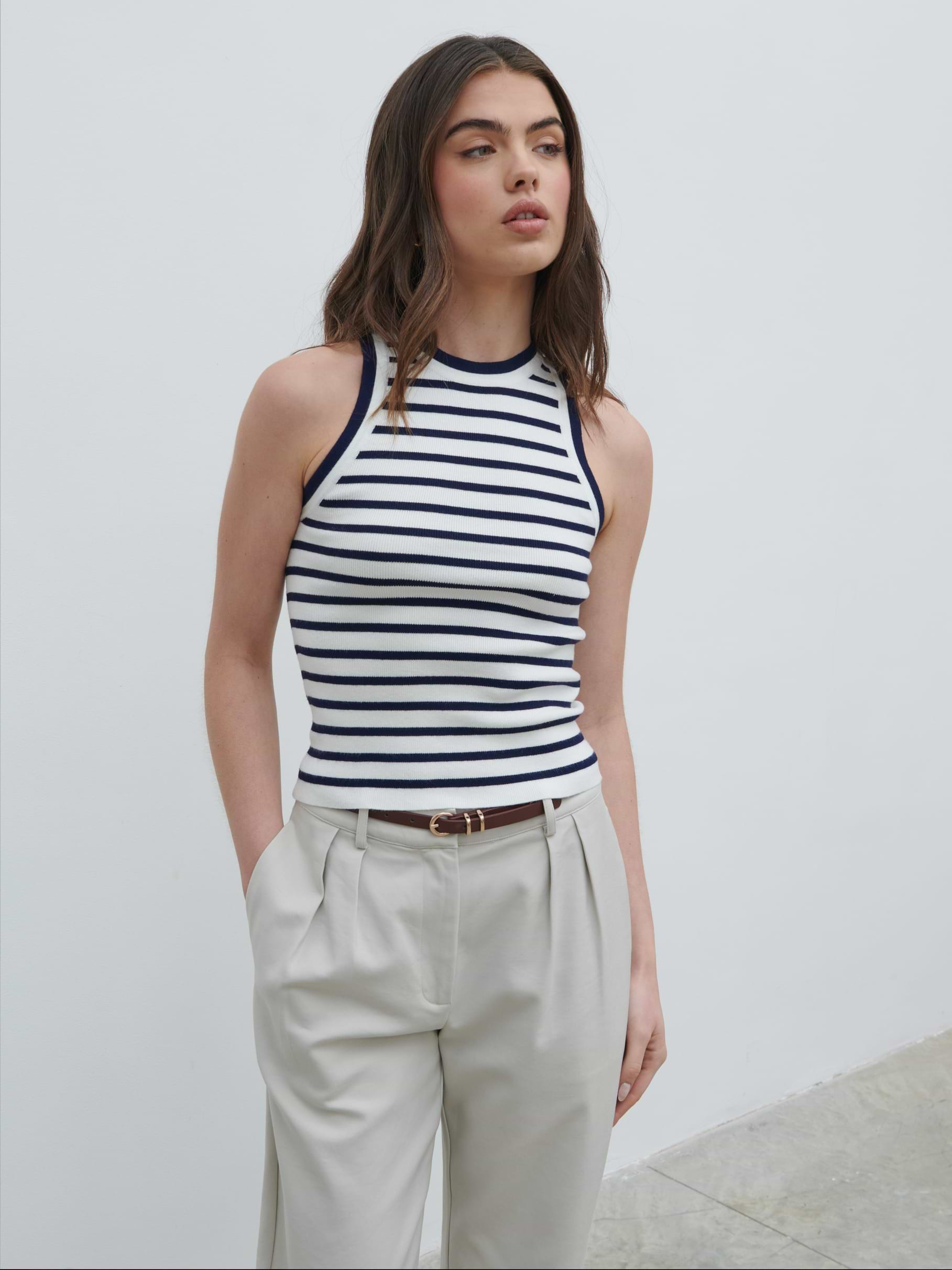 Ferne Stripe Knit Racer Top - Navy and Cream Stripe