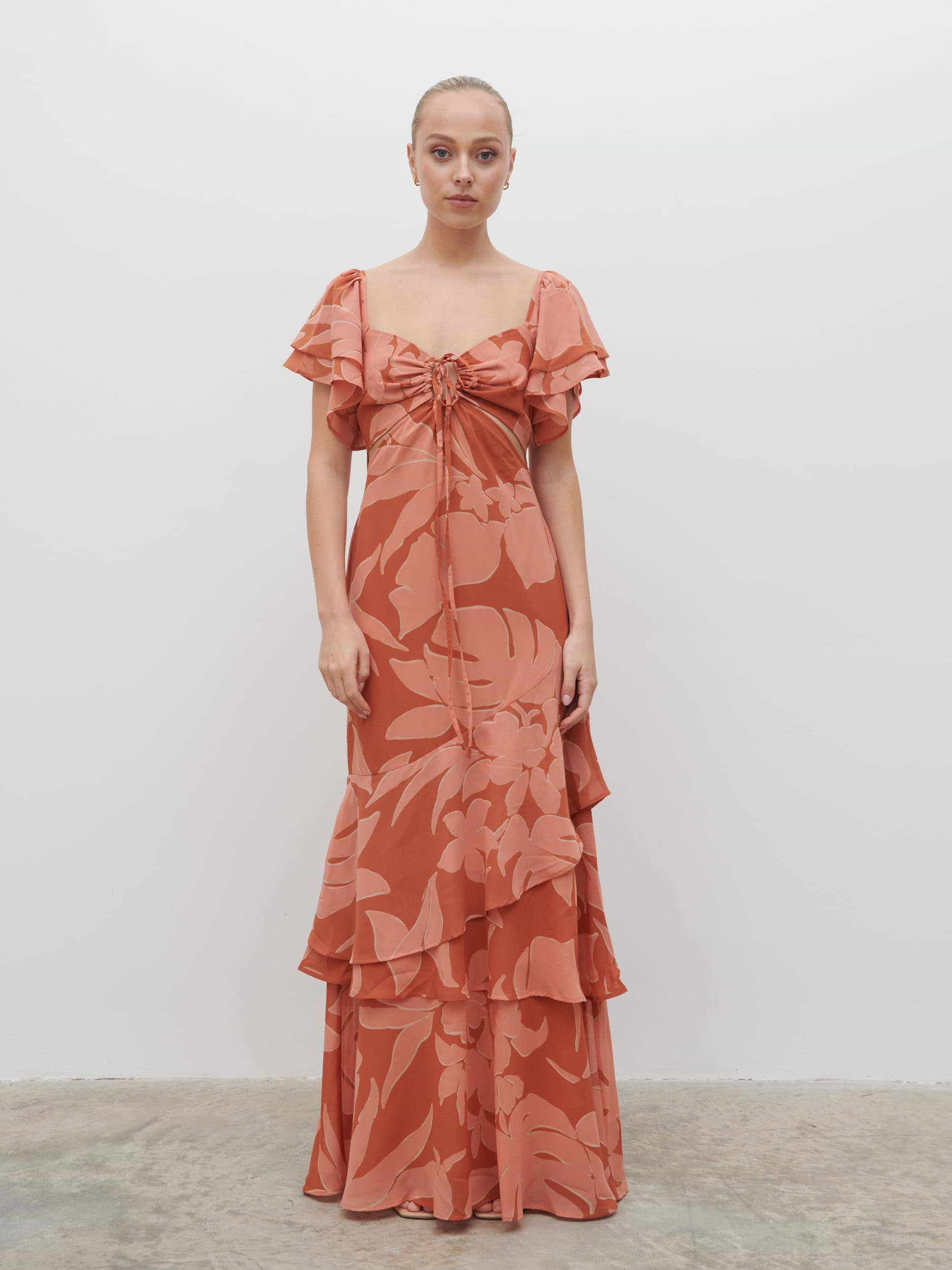 Florence Cut Out Maxi Dress - Dusky Rose Abstract Palm
