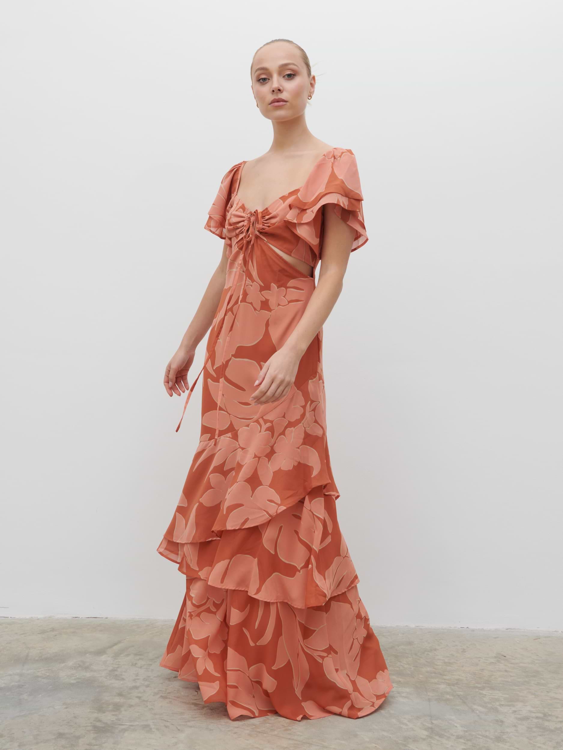 Florence Cut Out Maxi Dress - Dusky Rose Abstract Palm