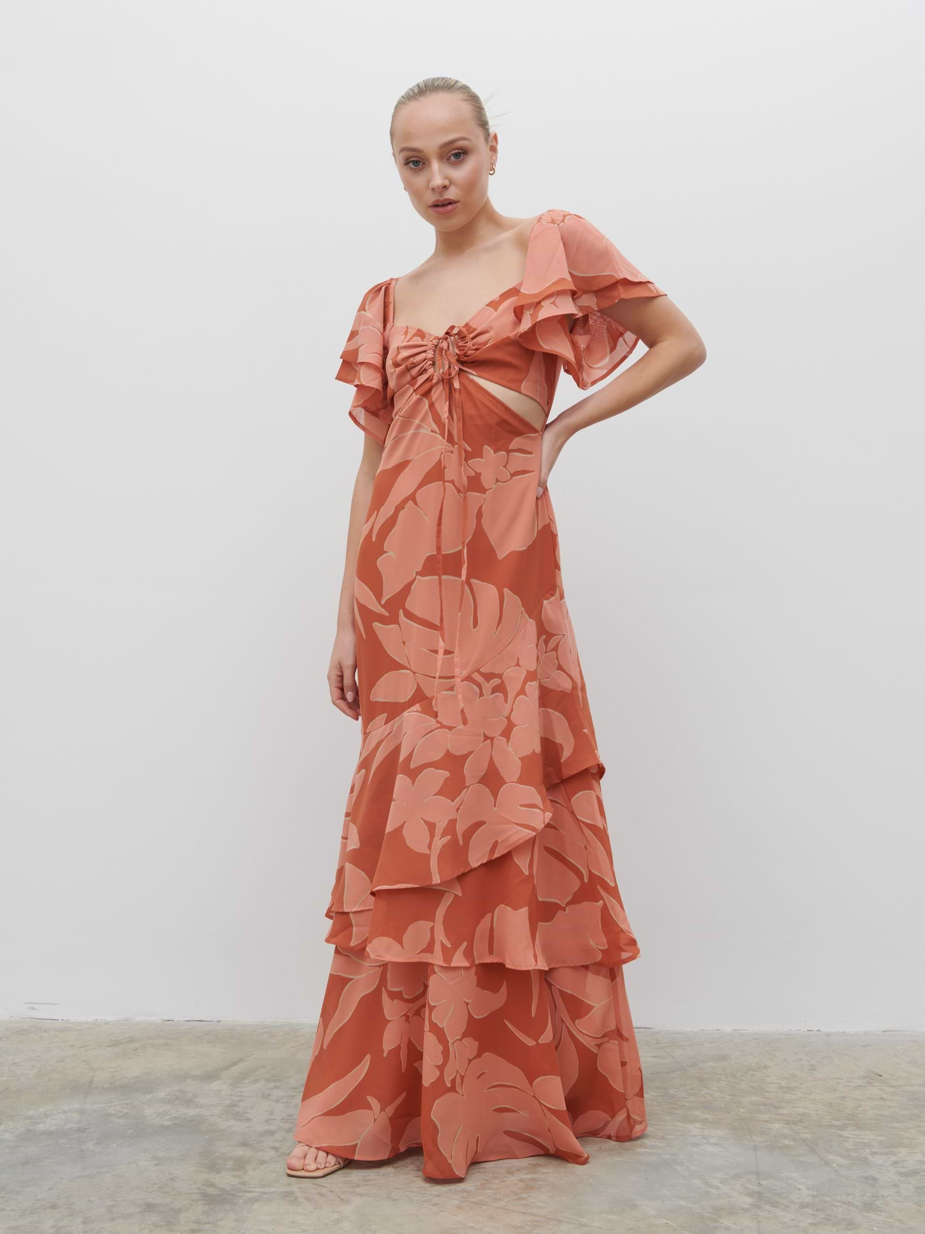 Florence Cut Out Maxi Dress - Dusky Rose Abstract Palm