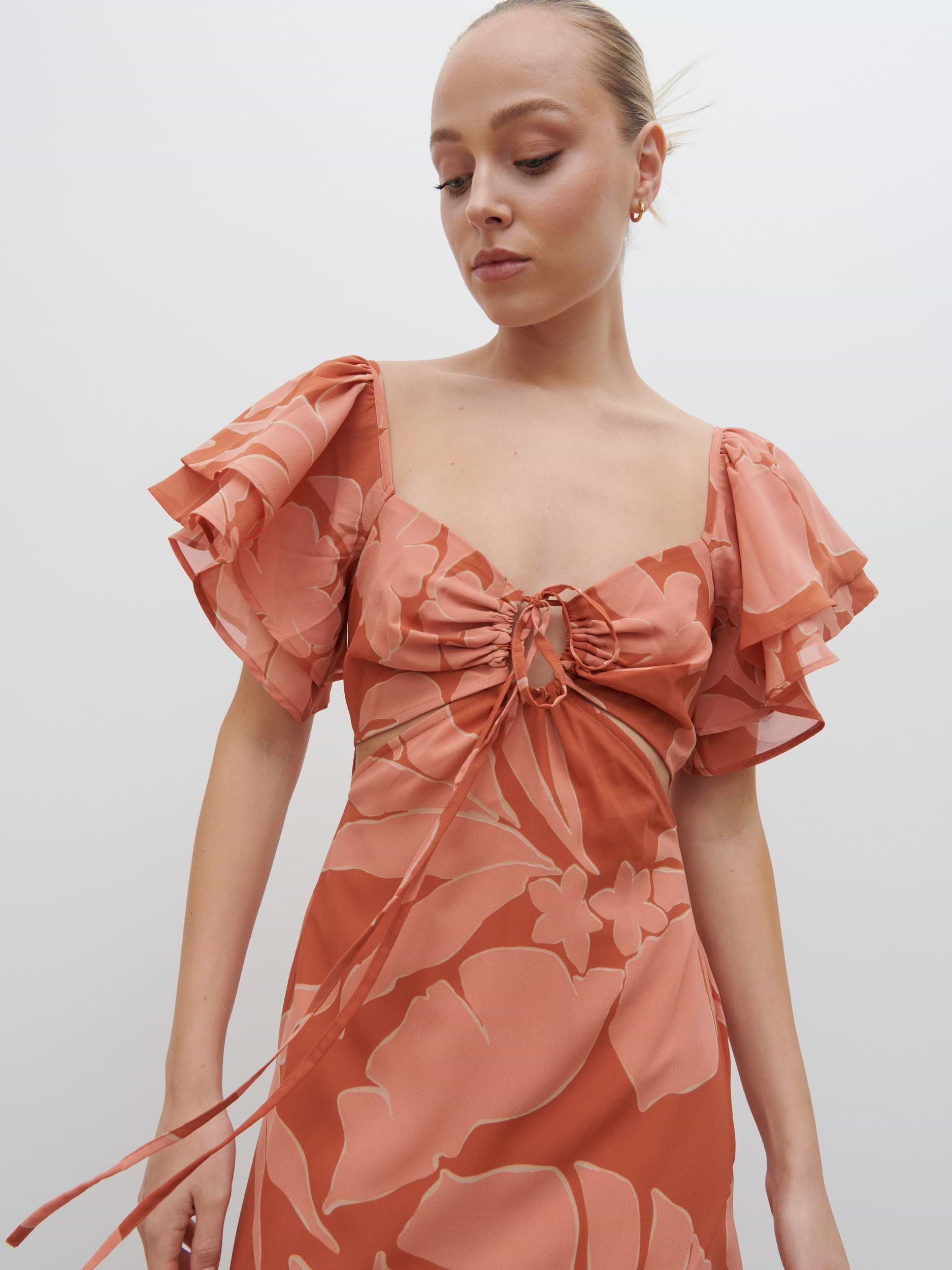 Florence Cut Out Maxi Dress - Dusky Rose Abstract Palm