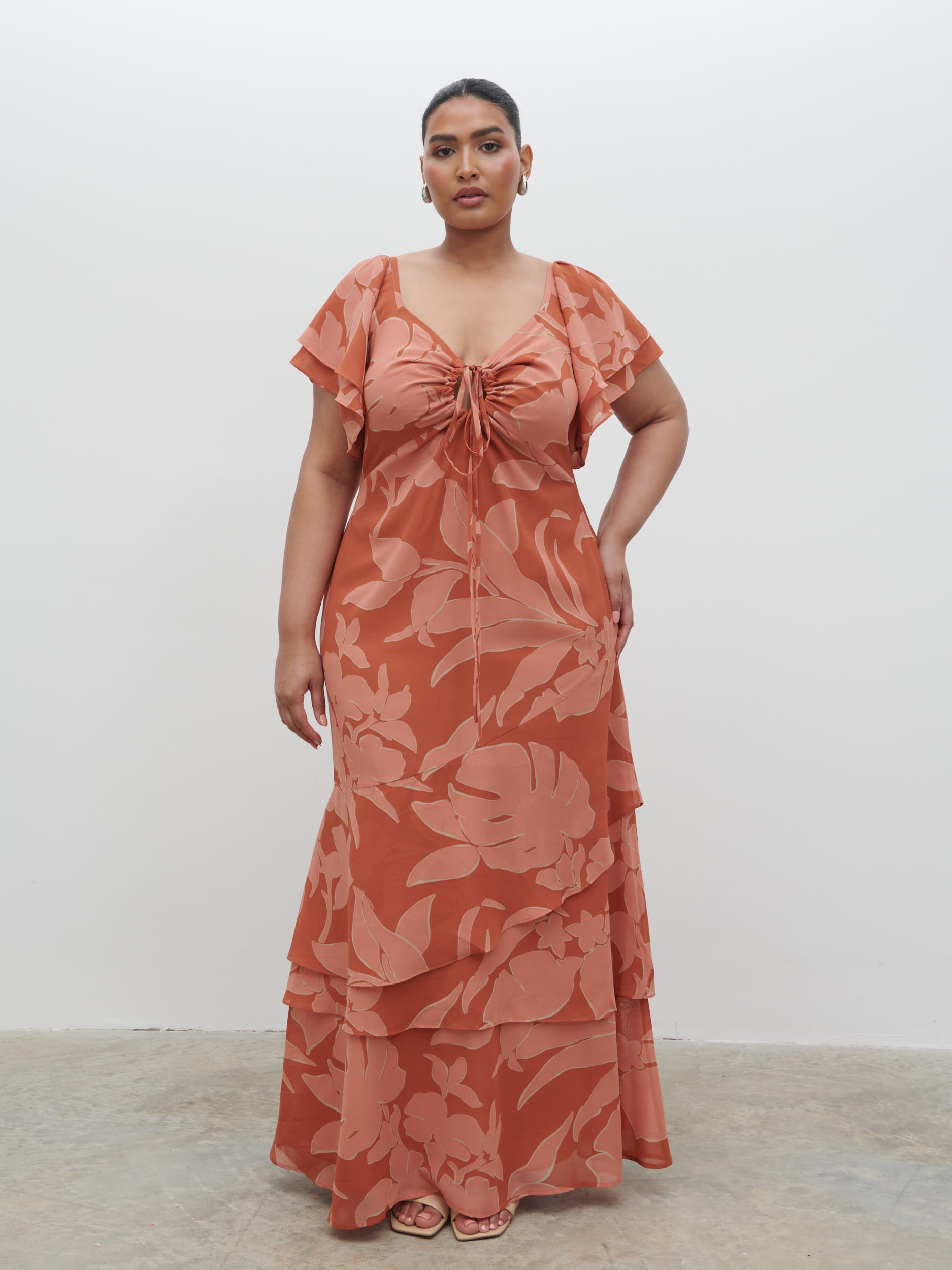 Florence Cut Out Maxi Dress Curve - Dusky Rose Abstract Palm
