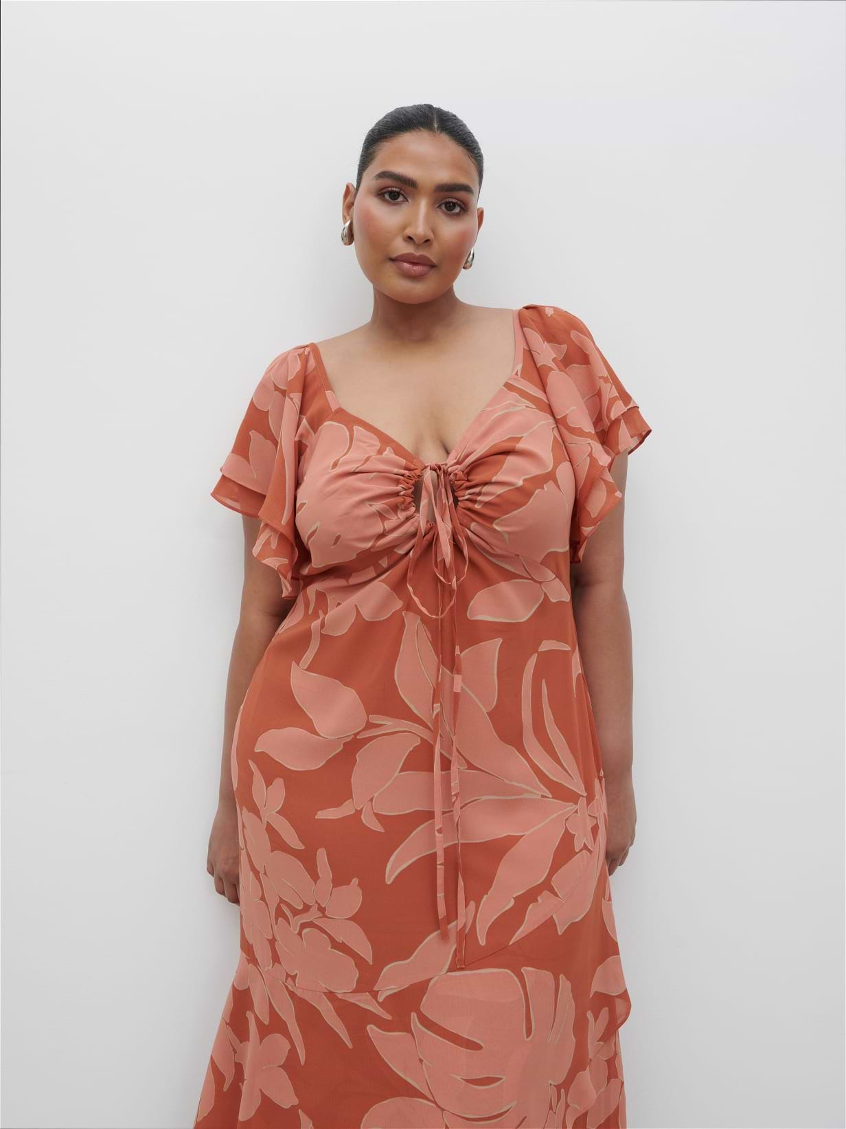Florence Cut Out Maxi Dress Curve - Dusky Rose Abstract Palm