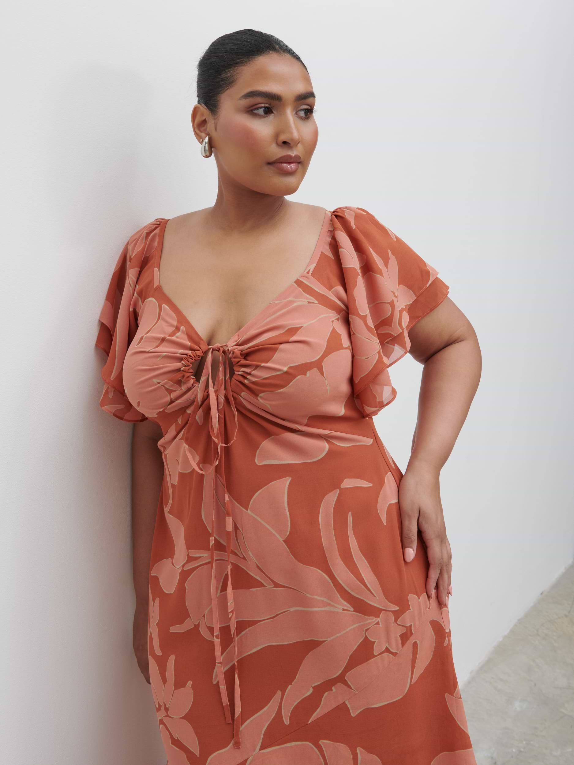 Florence Cut Out Maxi Dress Curve - Dusky Rose Abstract Palm