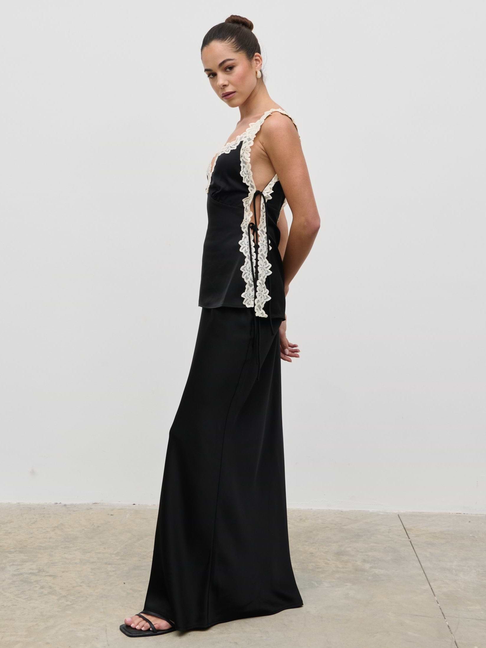 Franca Lace Insert Satin Cami Top - Black and Cream