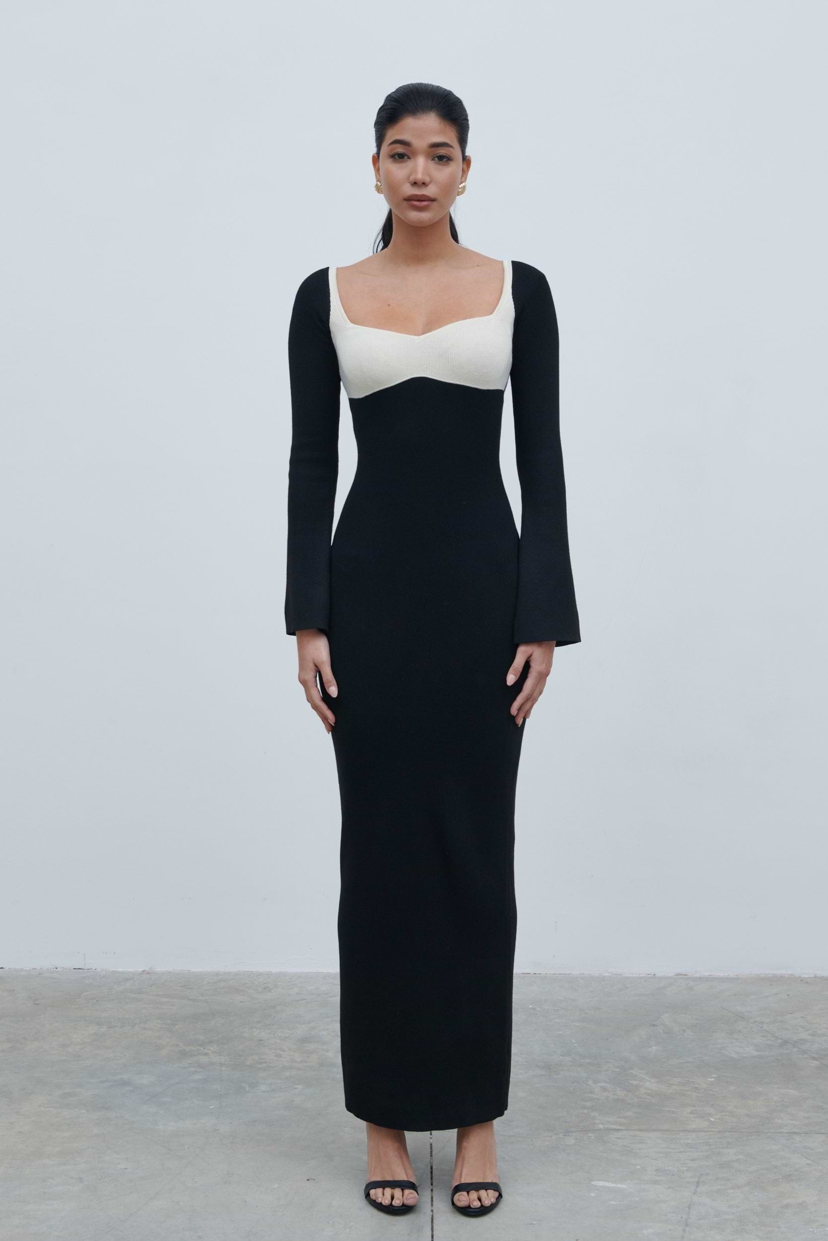 Freya Contrast Knit Maxi Dress - Black and Cream