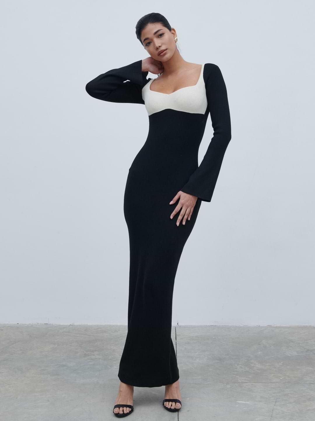 Freya Contrast Knit Maxi Dress - Black and Cream