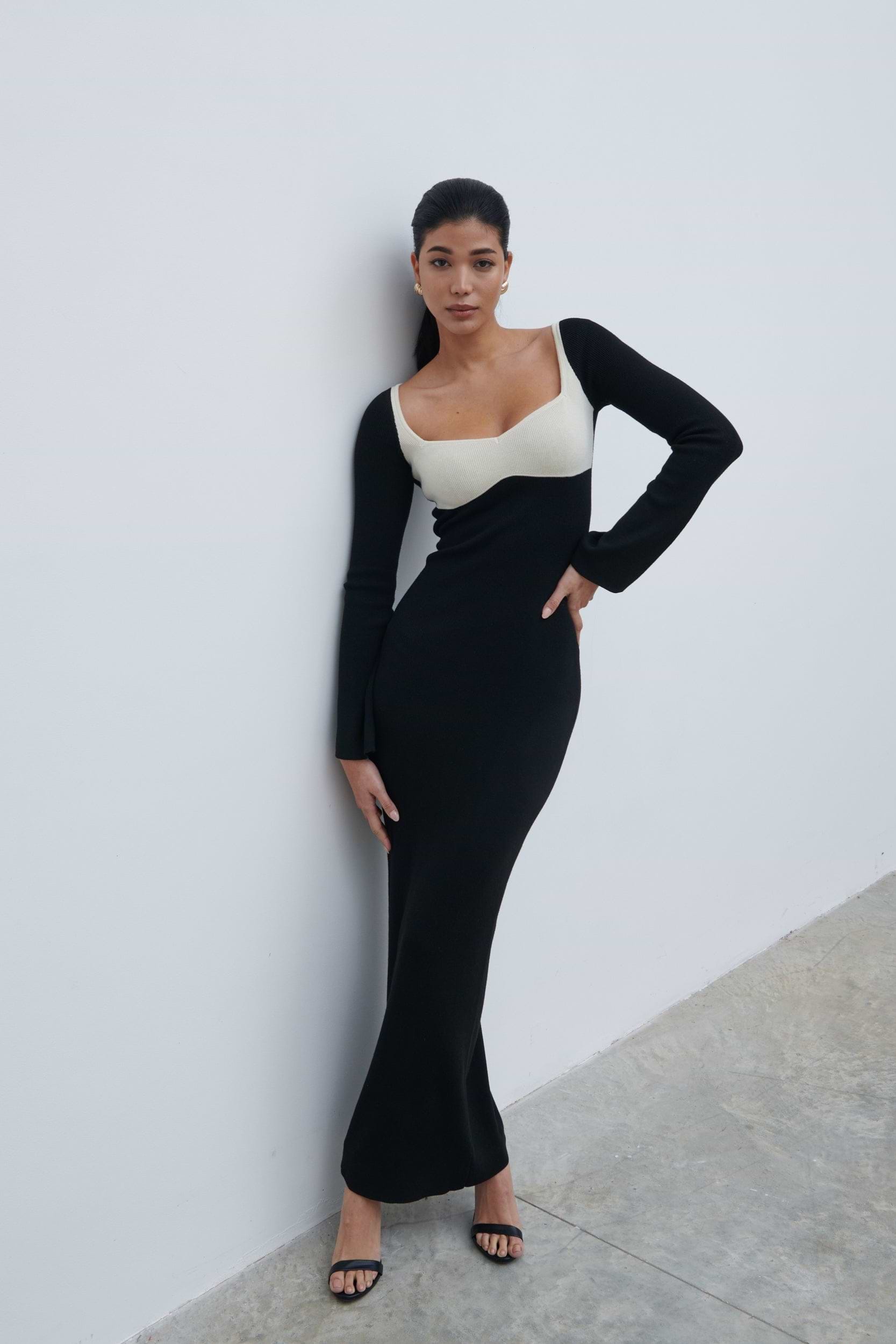 Freya Contrast Knit Maxi Dress - Black and Cream