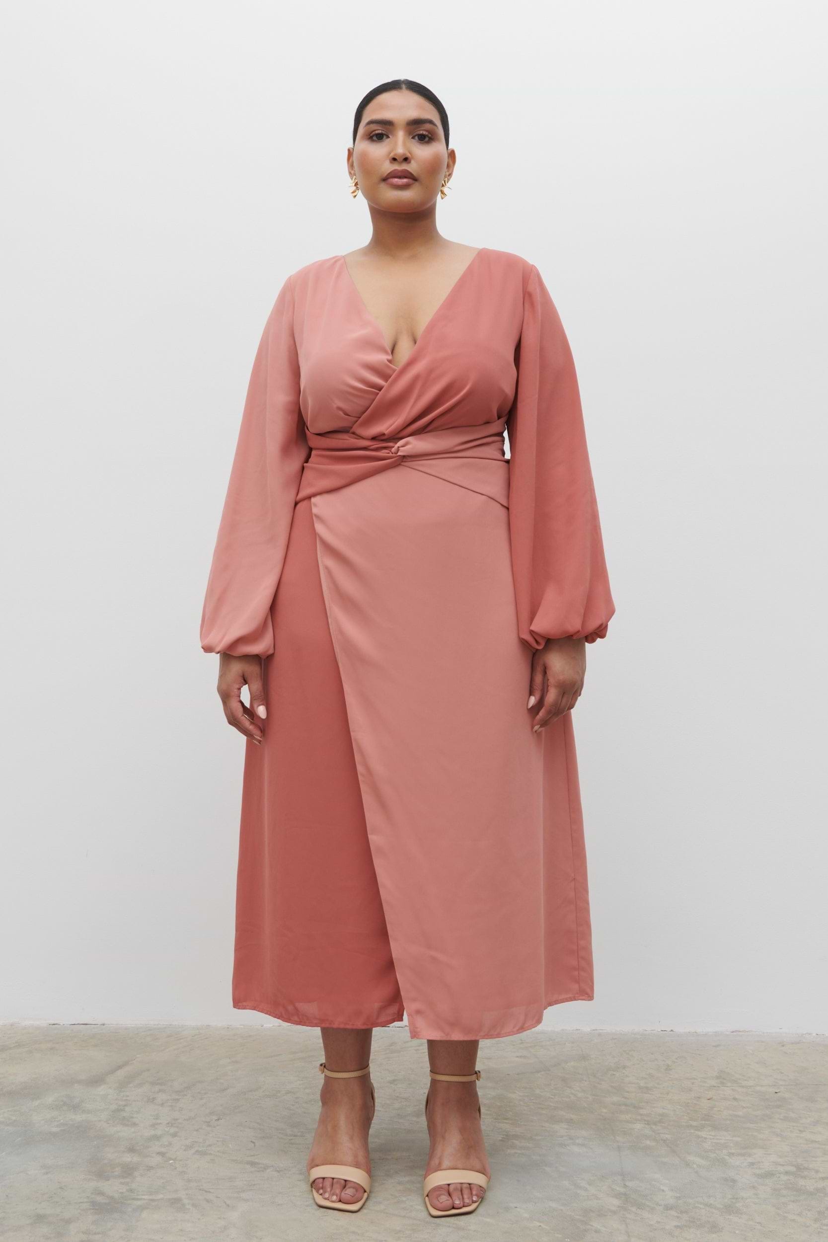 Friena Knot Contrast Midaxi Dress Curve - Terracotta and Dusky Rose