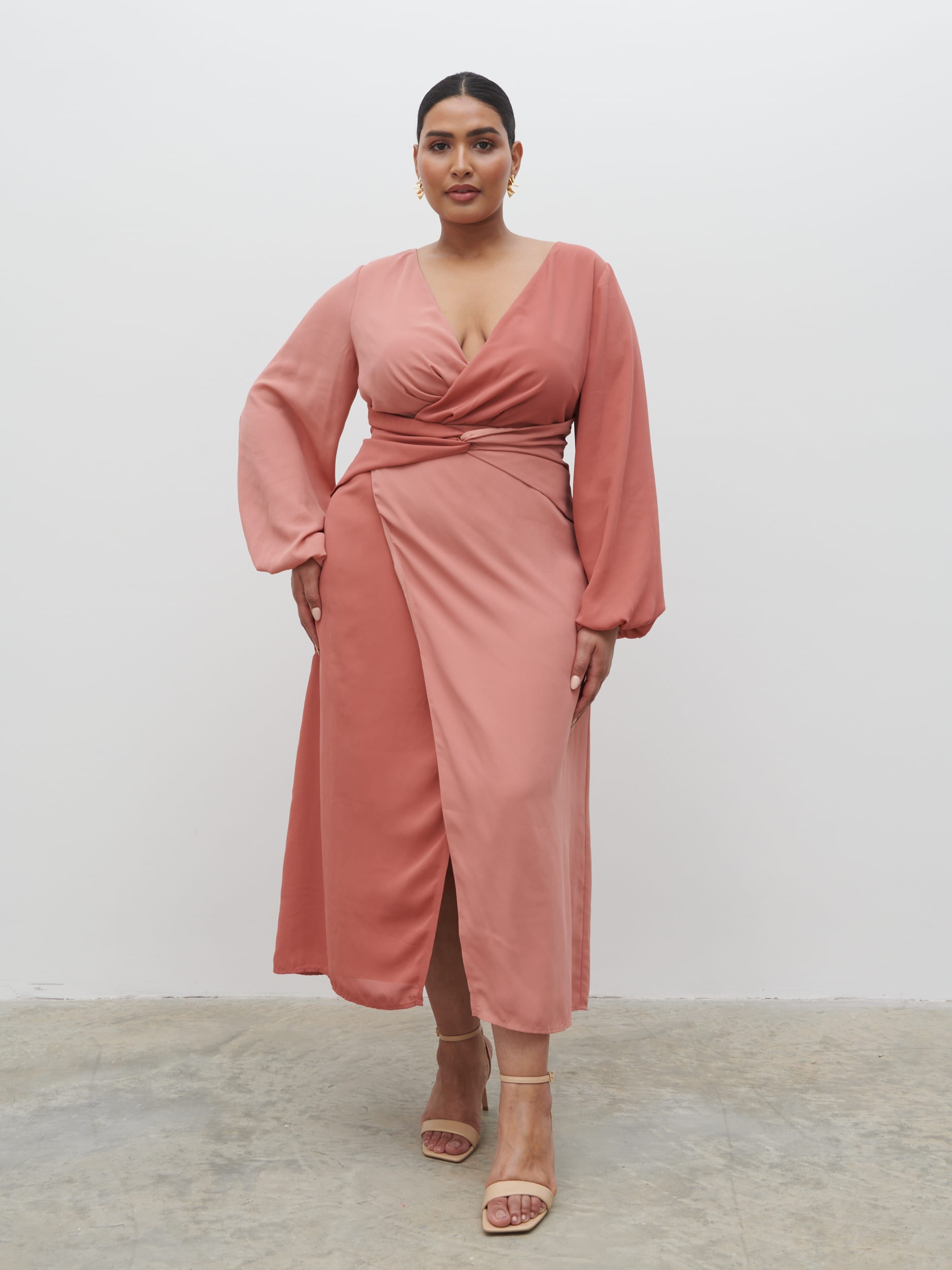 Friena Knot Contrast Midaxi Dress Curve - Terracotta and Dusky Rose
