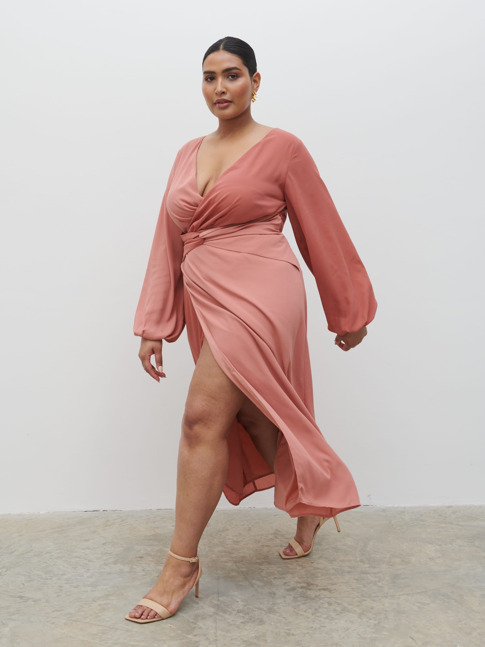 Friena Knot Contrast Midaxi Dress Curve - Terracotta and Dusky Rose