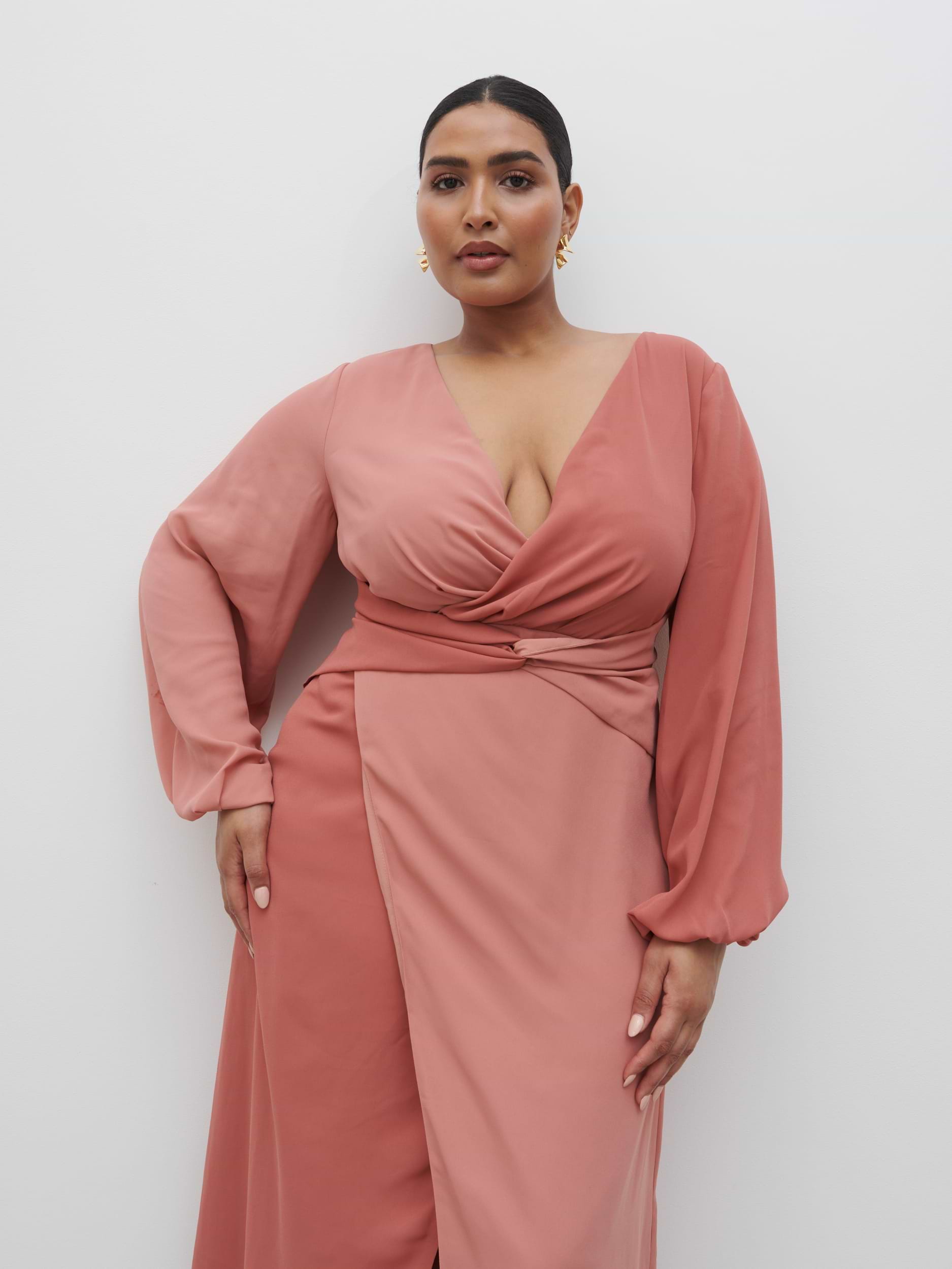Friena Knot Contrast Midaxi Dress Curve - Terracotta and Dusky Rose