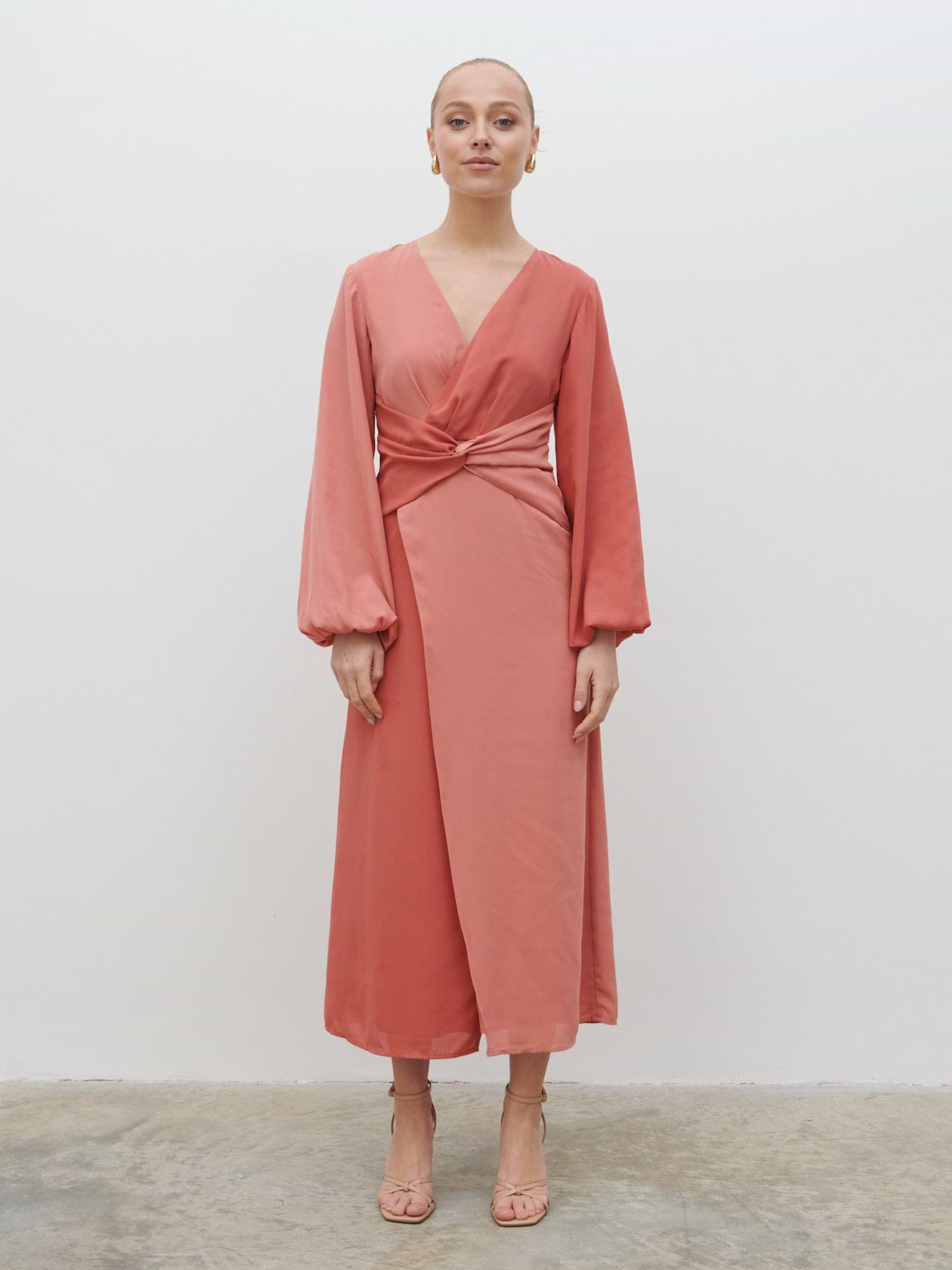 Friena Knot Contrast Midaxi Dress - Terracotta and Dusky Rose