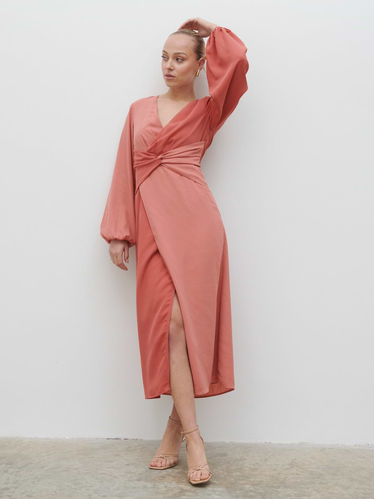 Friena Knot Contrast Midaxi Dress - Terracotta and Dusky Rose