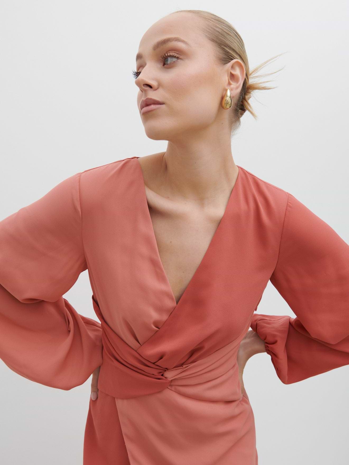 Friena Knot Contrast Midaxi Dress - Terracotta and Dusky Rose