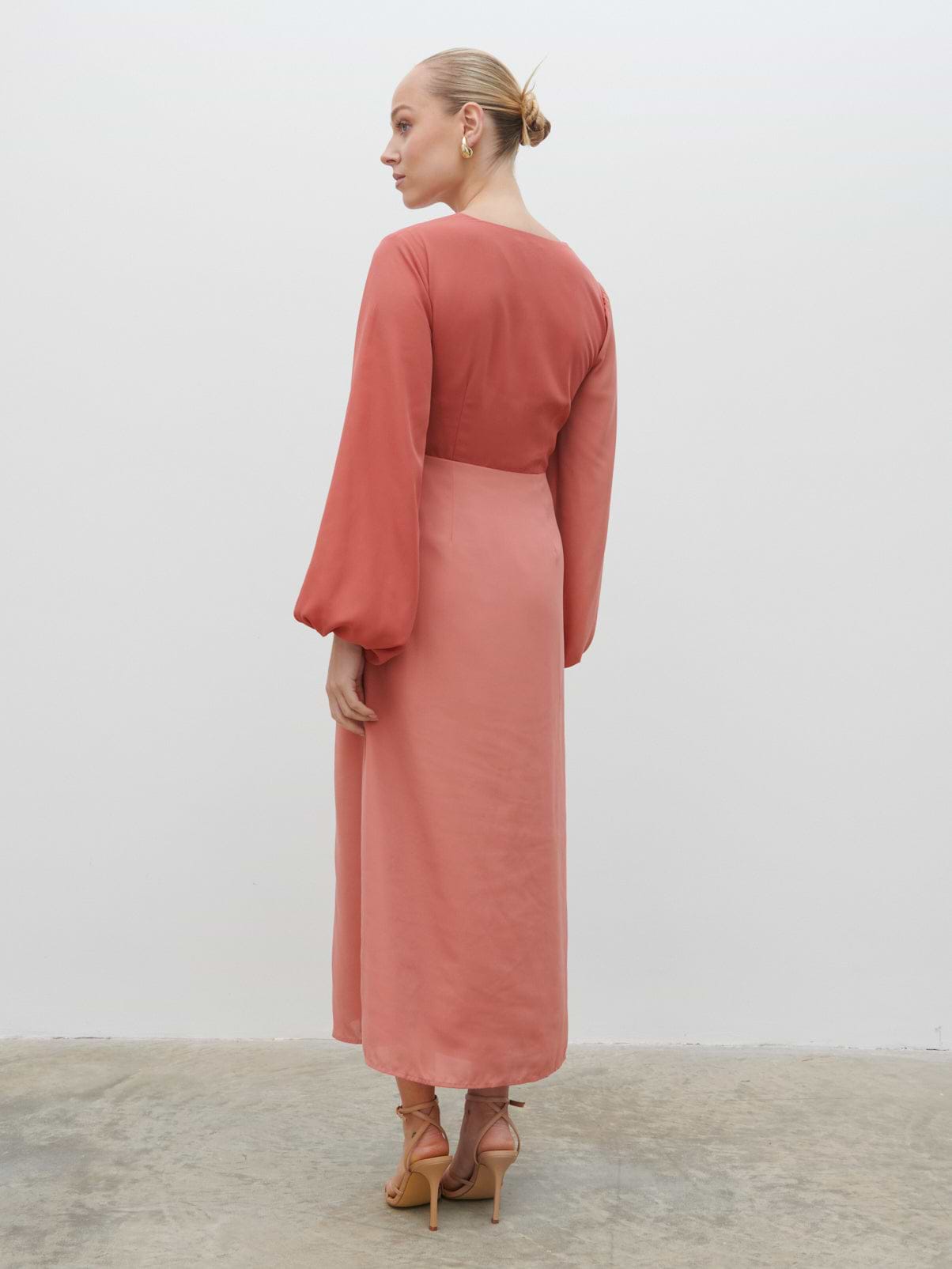 Friena Knot Contrast Midaxi Dress - Terracotta and Dusky Rose