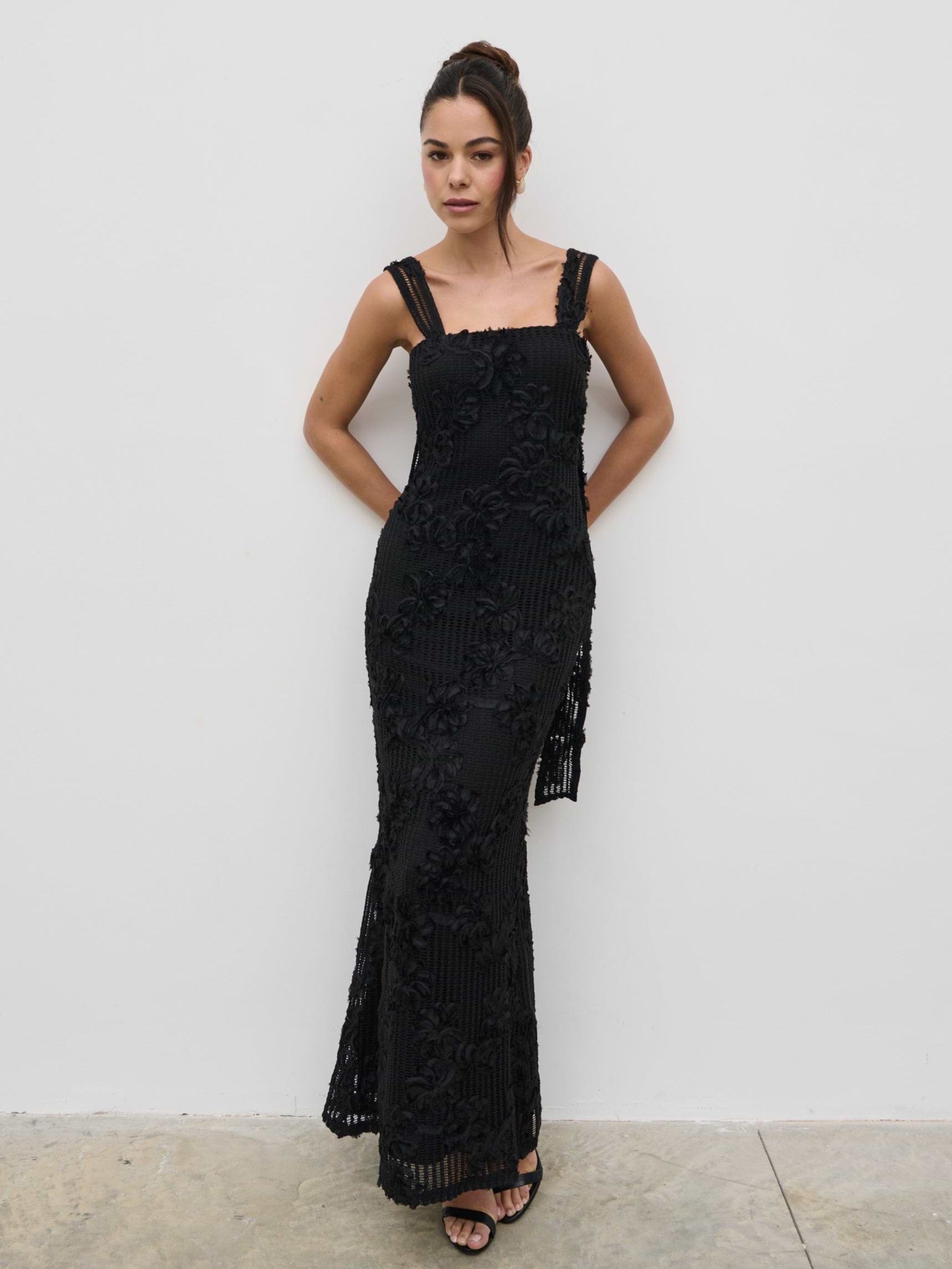 Gigou Crochet Floral Maxi Dress - Black