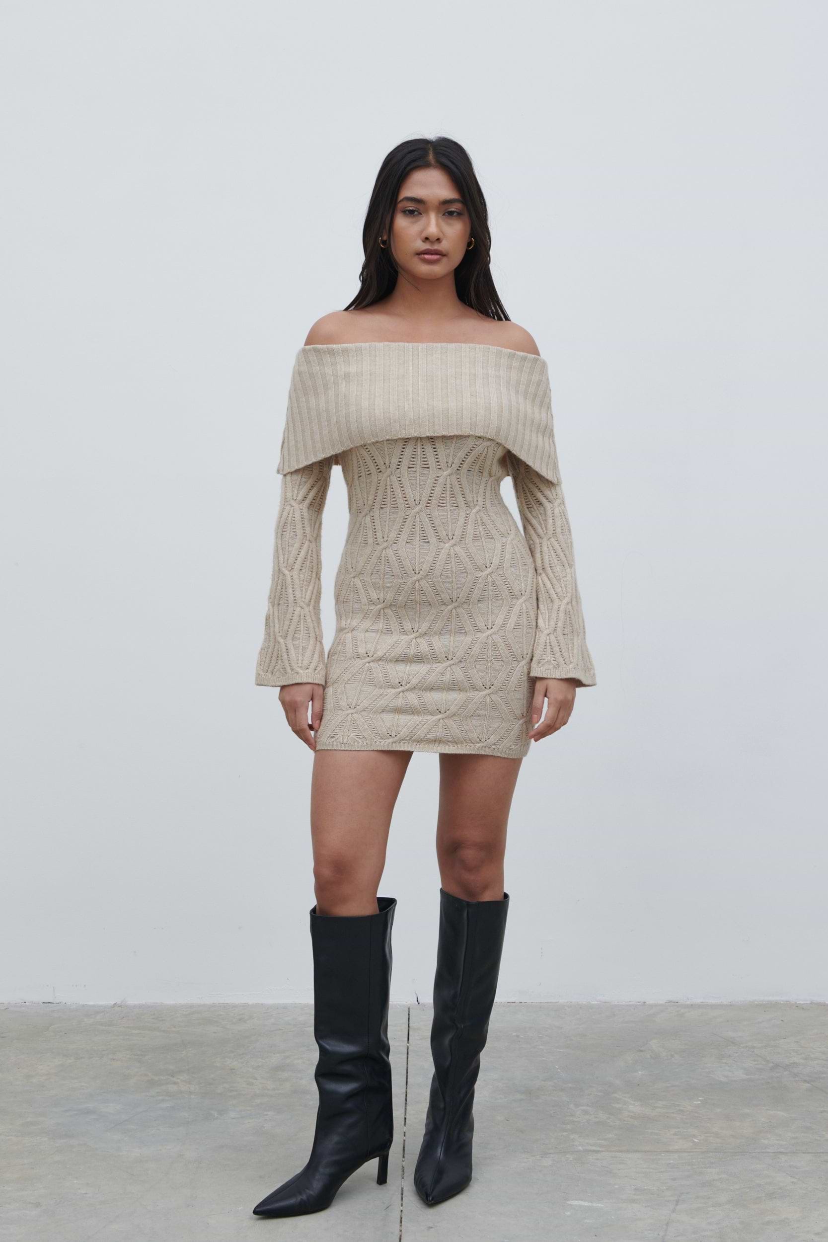 Grace Cable Knit Mini Dress - Taupe