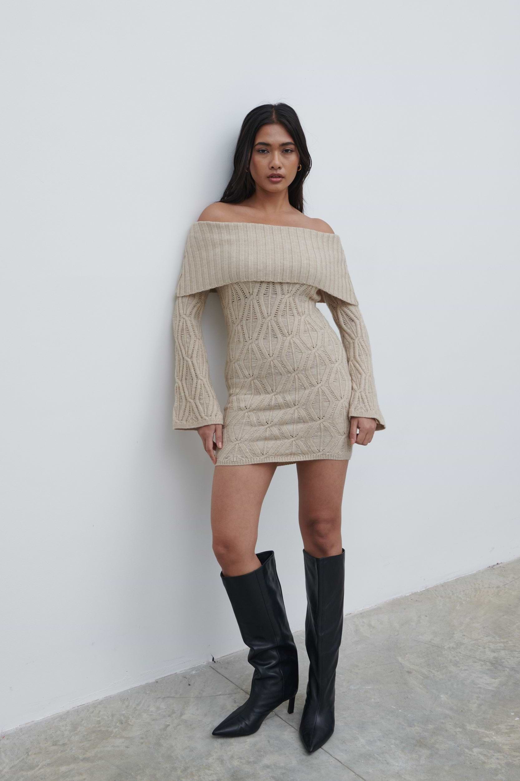 Grace Cable Knit Mini Dress - Taupe