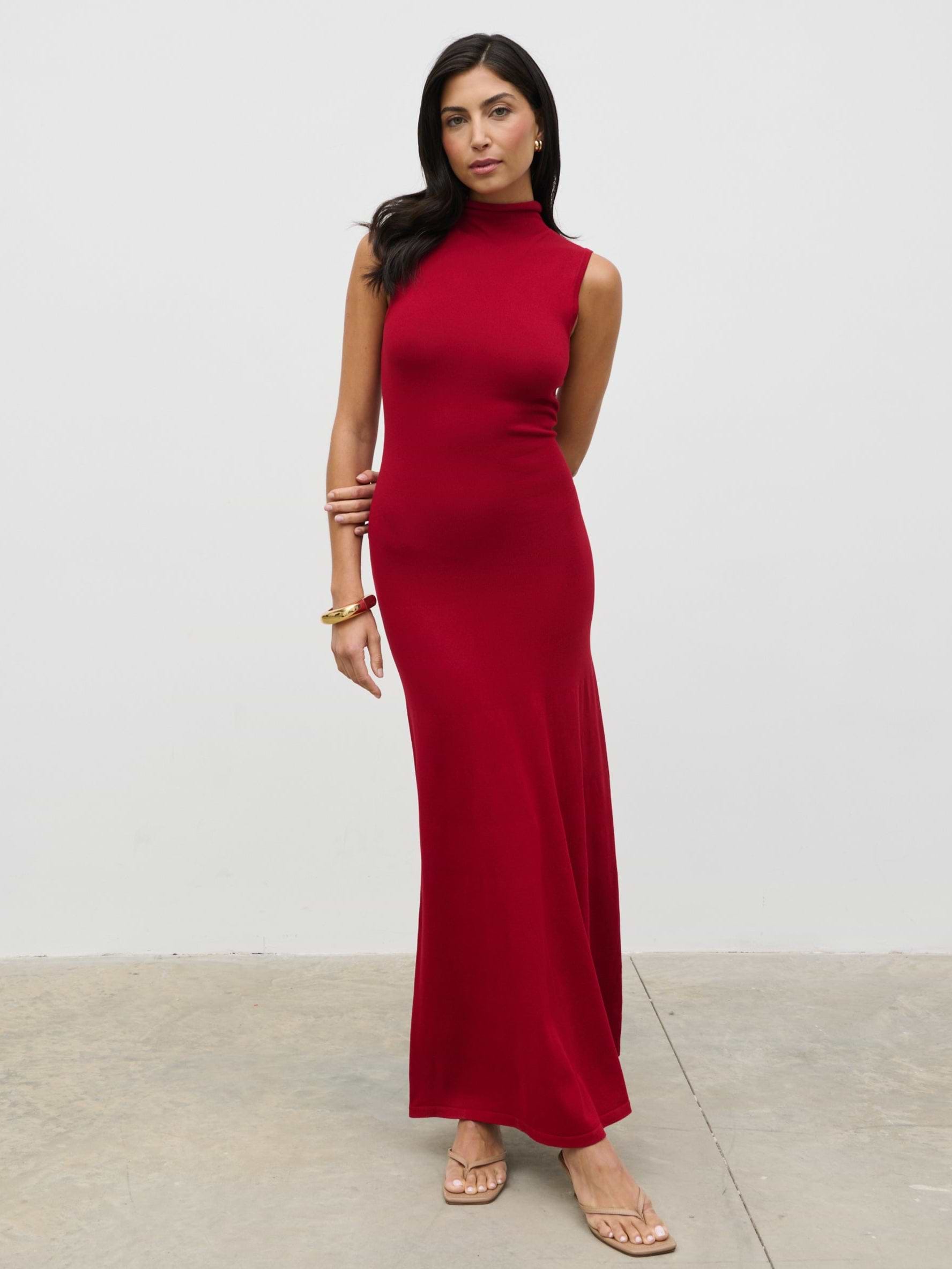 Hannah High Neck Knit Maxi Dress - Red
