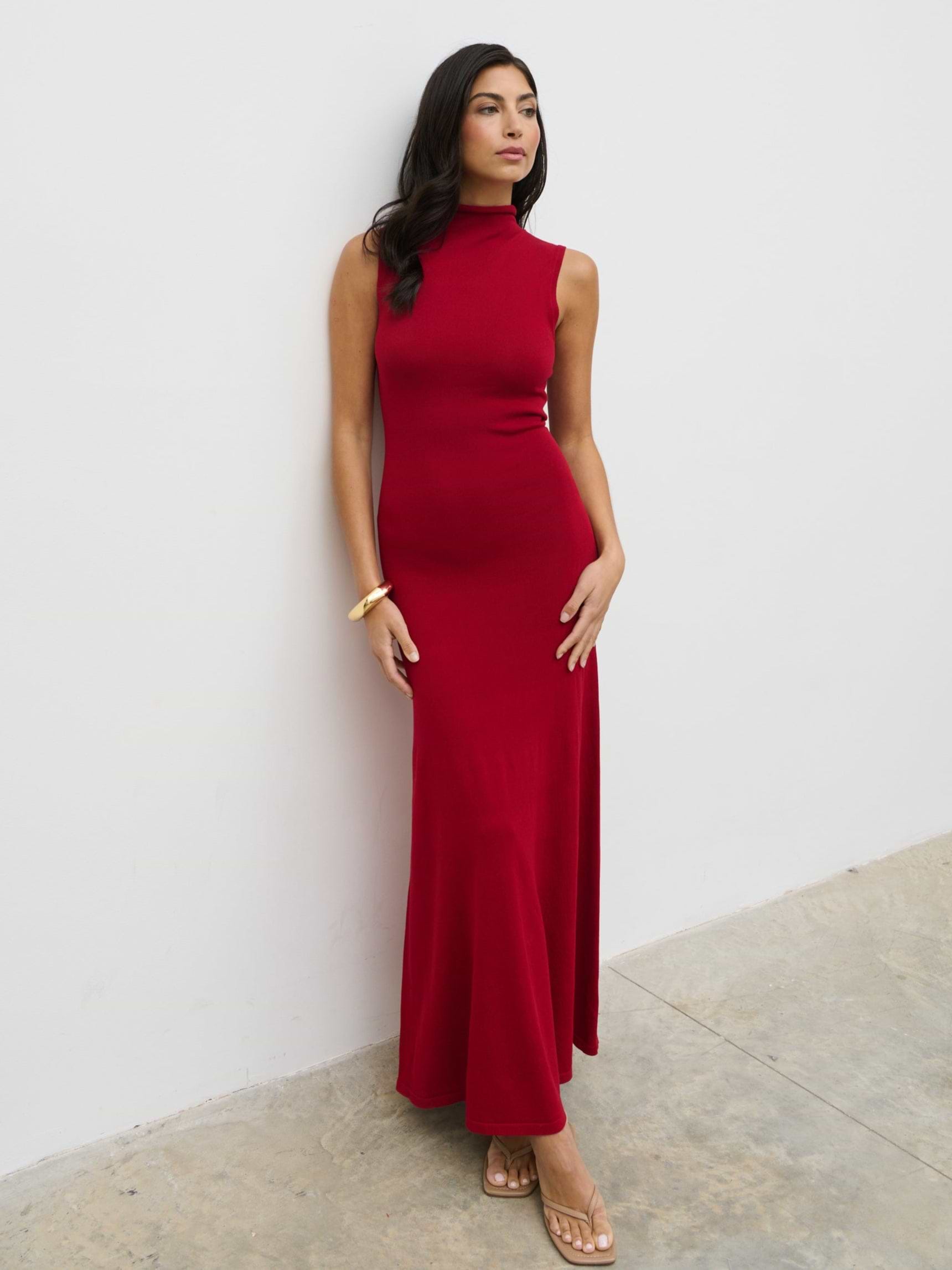 Hannah High Neck Knit Maxi Dress - Red