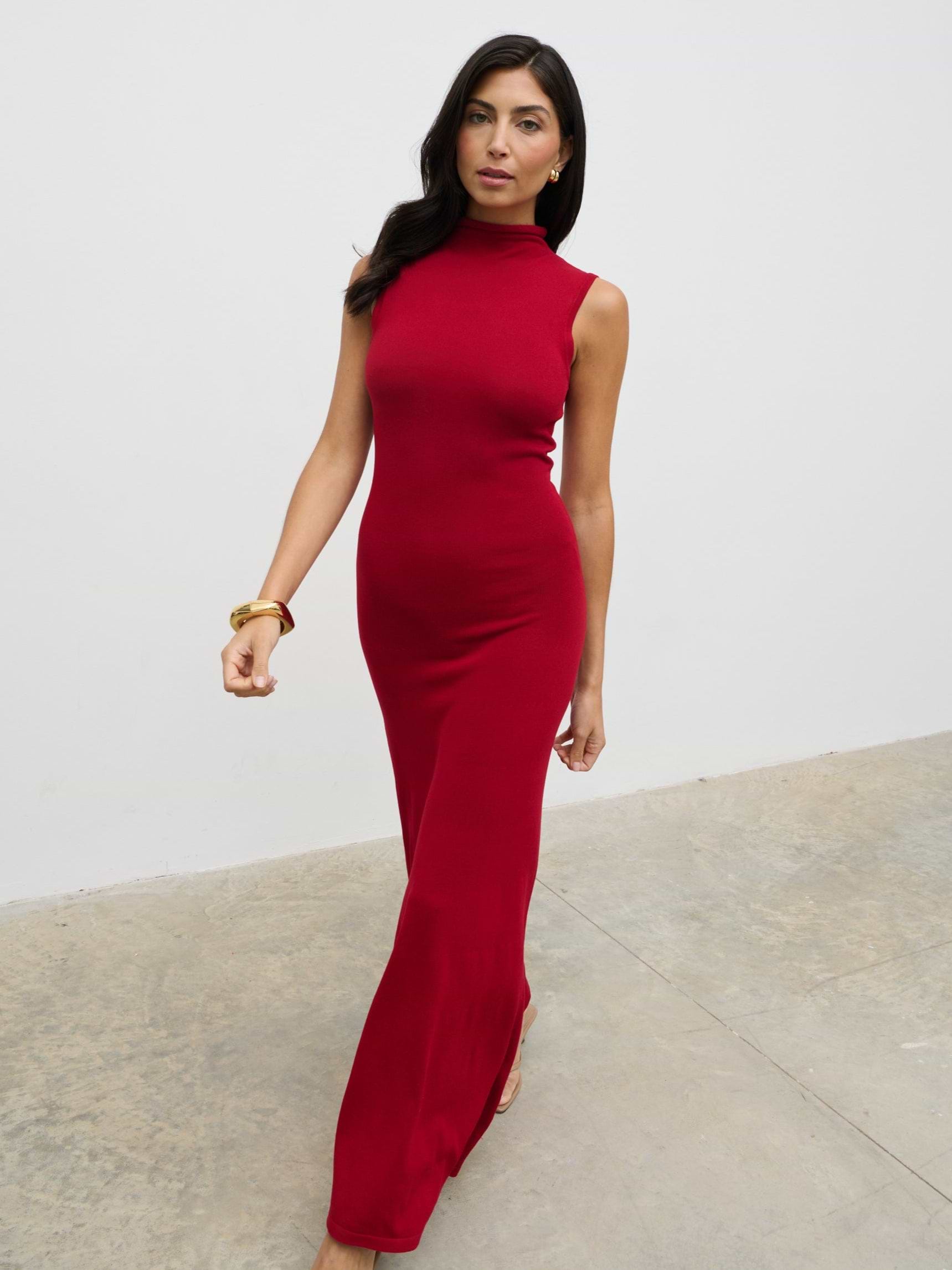 Hannah High Neck Knit Maxi Dress - Red