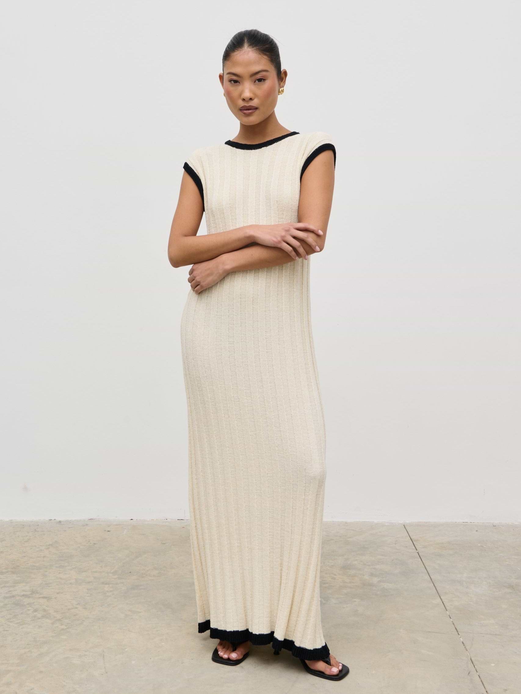 Harrie Contrast Wide Rib Knit Midaxi Dress - Cream and Black