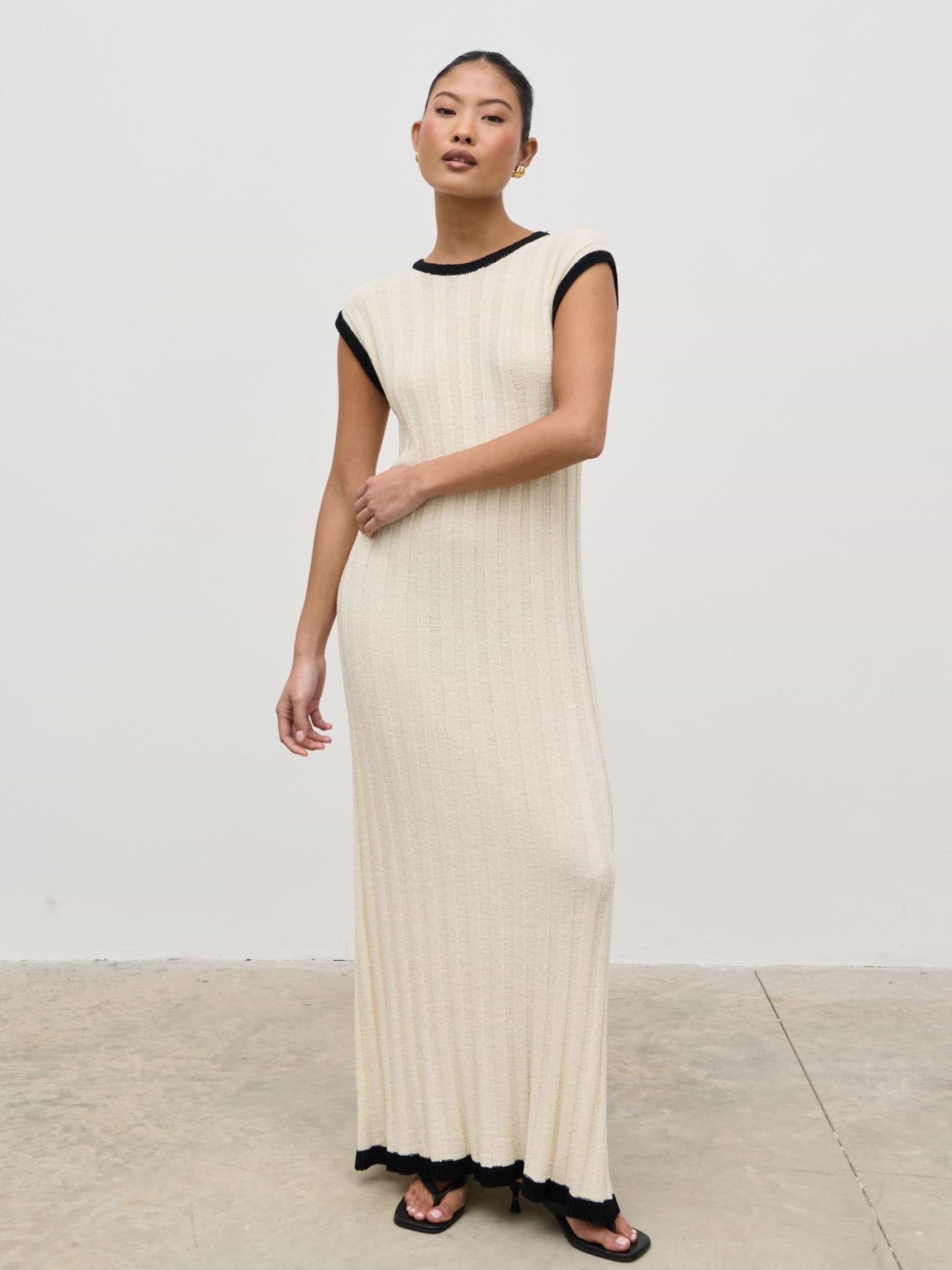 Harrie Contrast Wide Rib Knit Midaxi Dress - Cream and Black