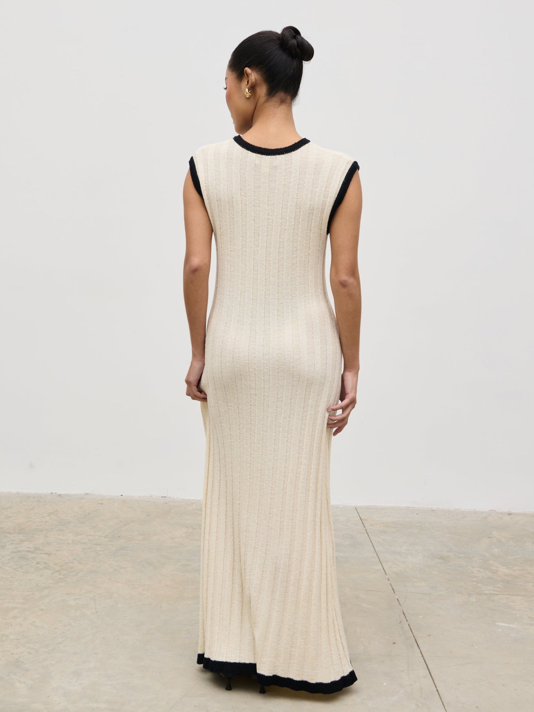 Harrie Contrast Wide Rib Knit Midaxi Dress - Cream and Black