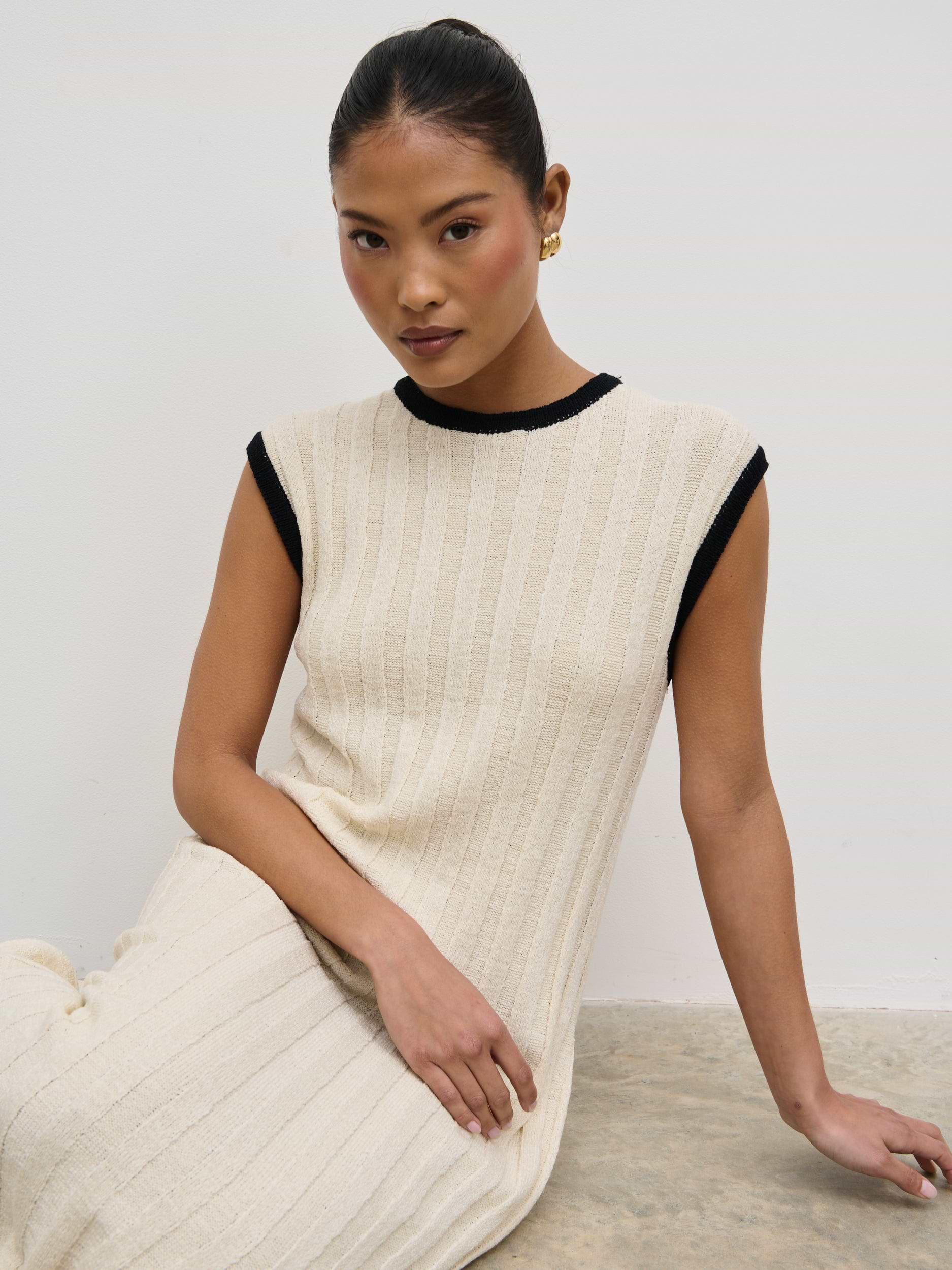 Harrie Contrast Wide Rib Knit Midaxi Dress - Cream and Black