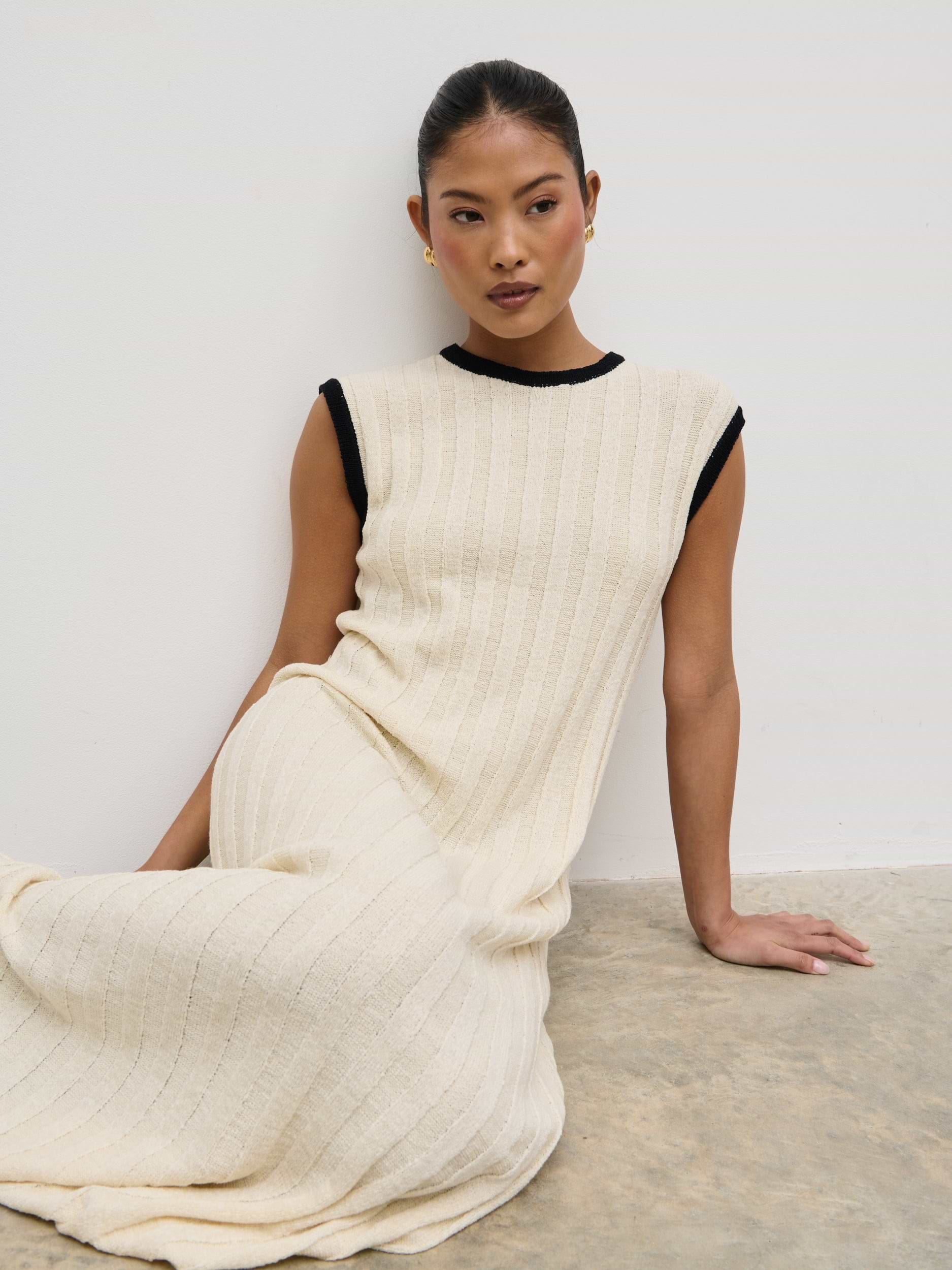 Harrie Contrast Wide Rib Knit Midaxi Dress - Cream and Black