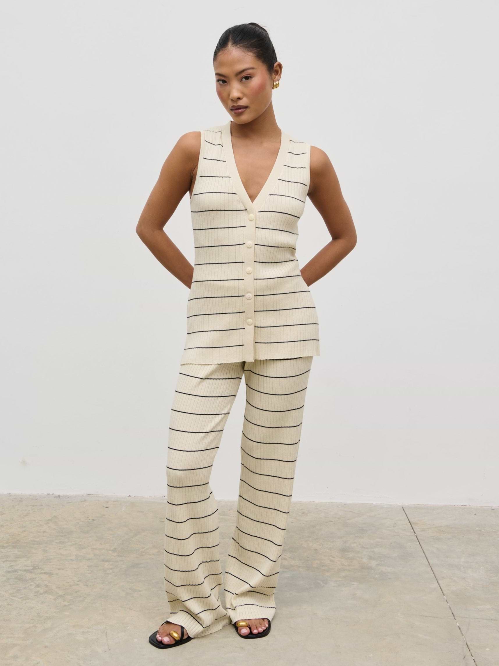 Hattie Stripe Knit Waistcoat - Cream and Black