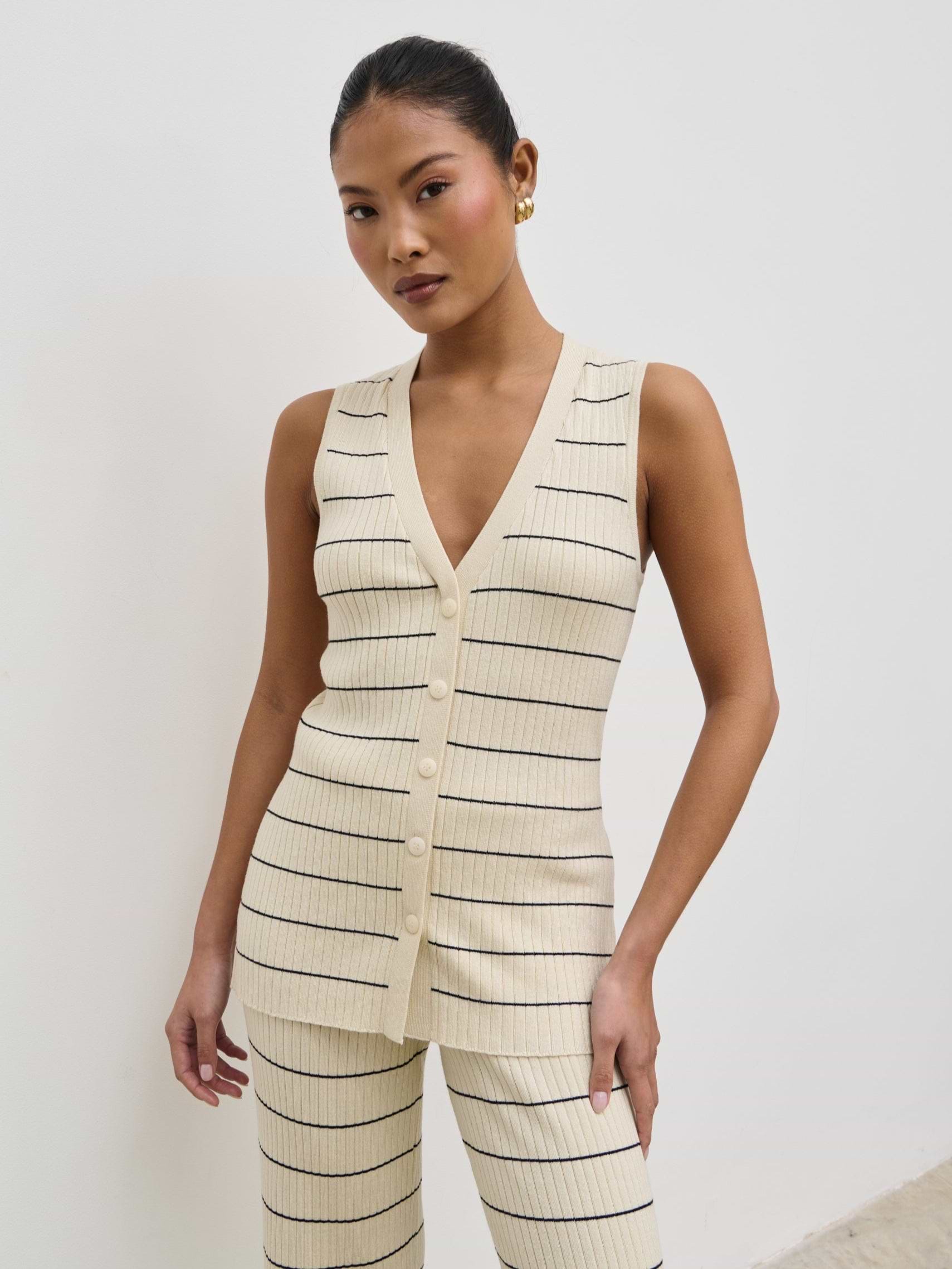 Hattie Stripe Knit Waistcoat - Cream and Black