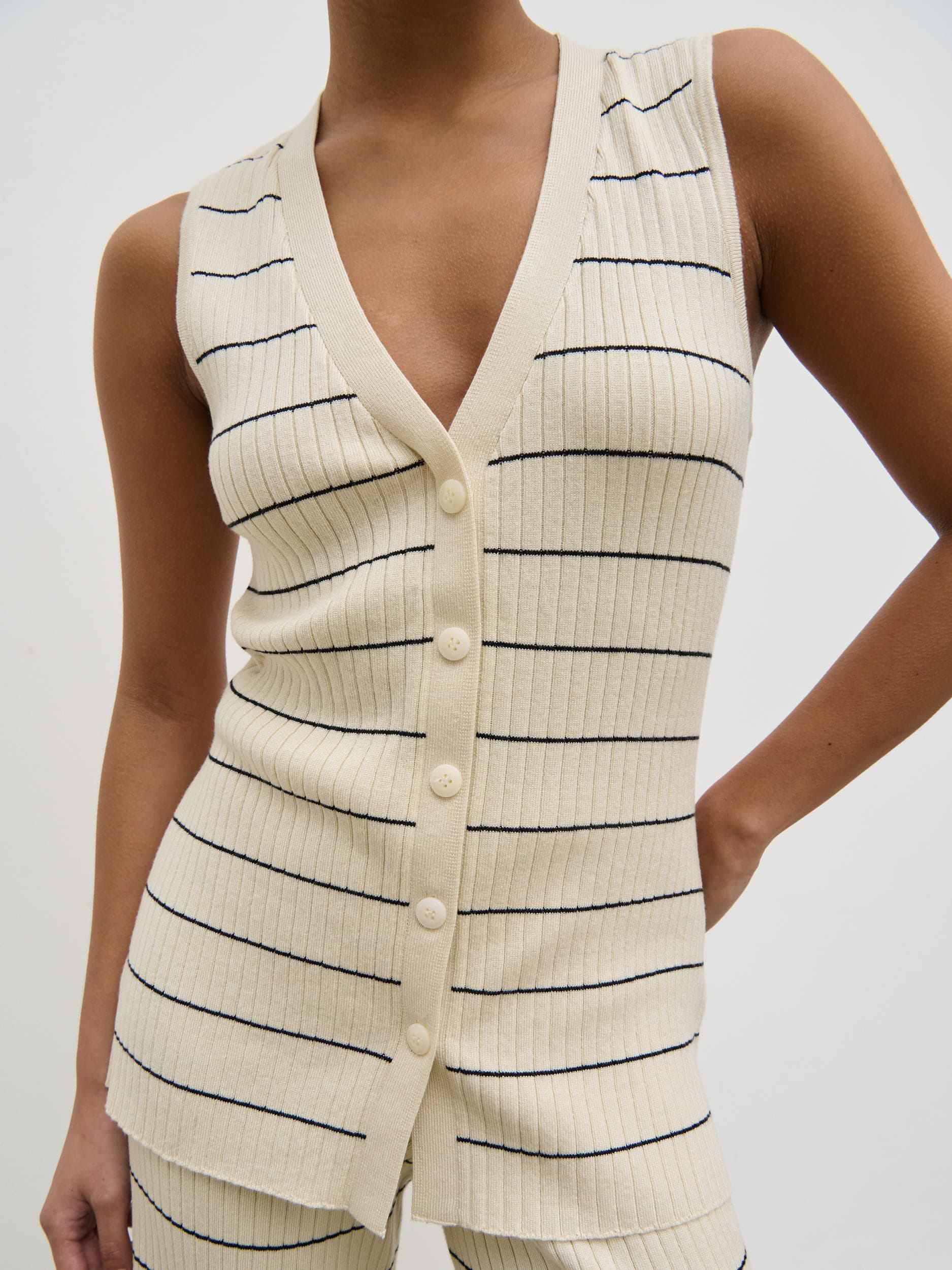 Hattie Stripe Knit Waistcoat - Cream and Black