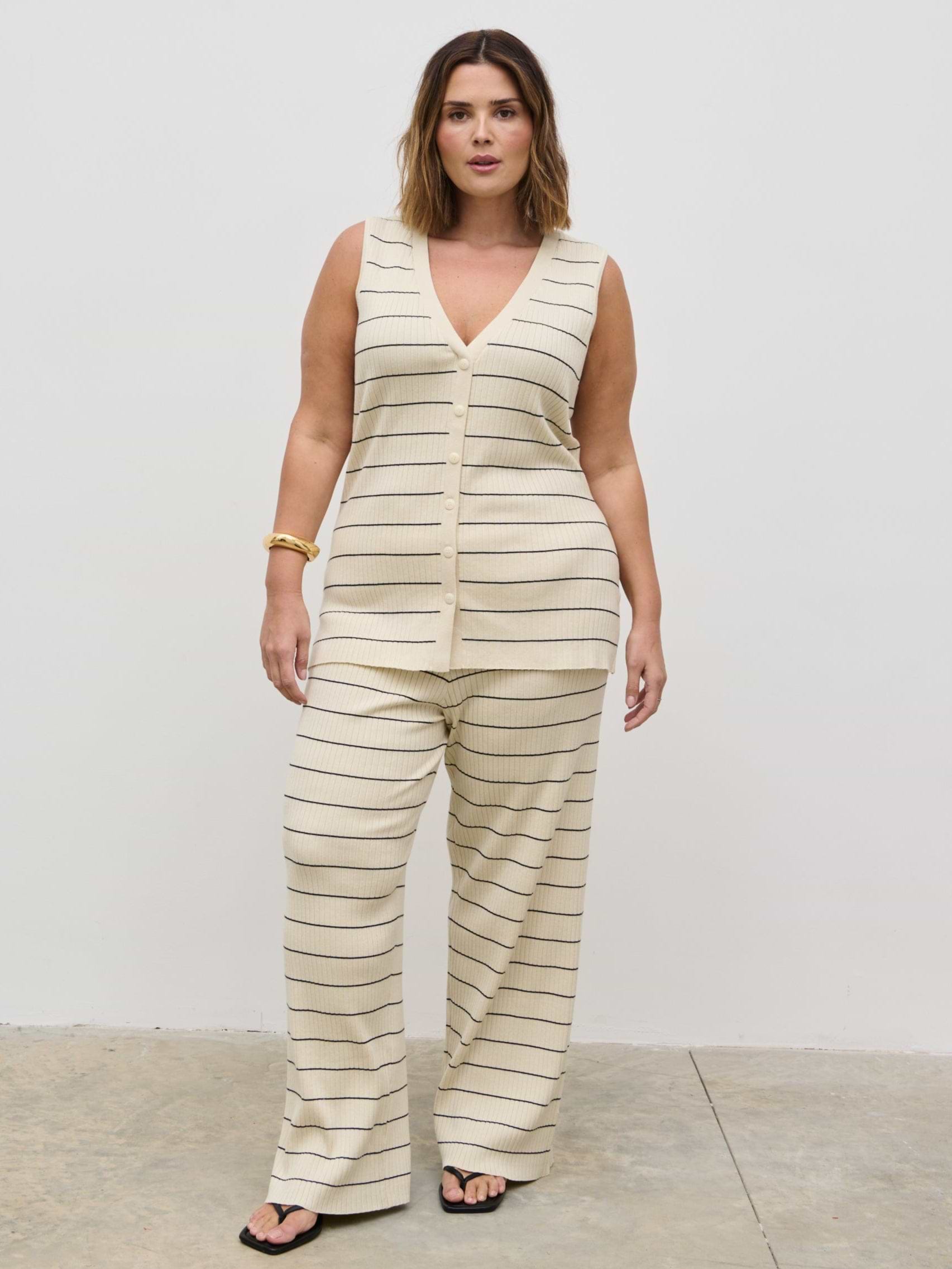 Hattie Stripe Knit Waistcoat Curve - Cream and Black