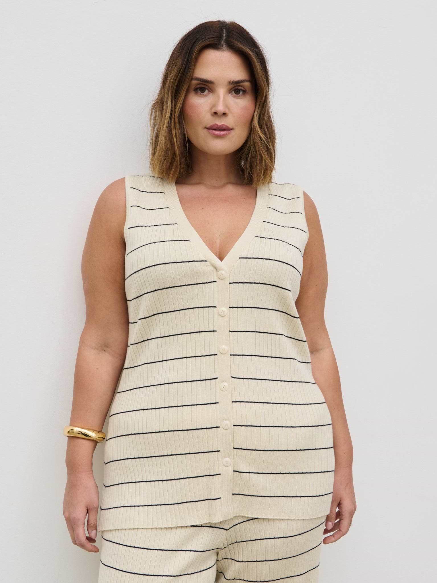 Hattie Stripe Knit Waistcoat Curve - Cream and Black