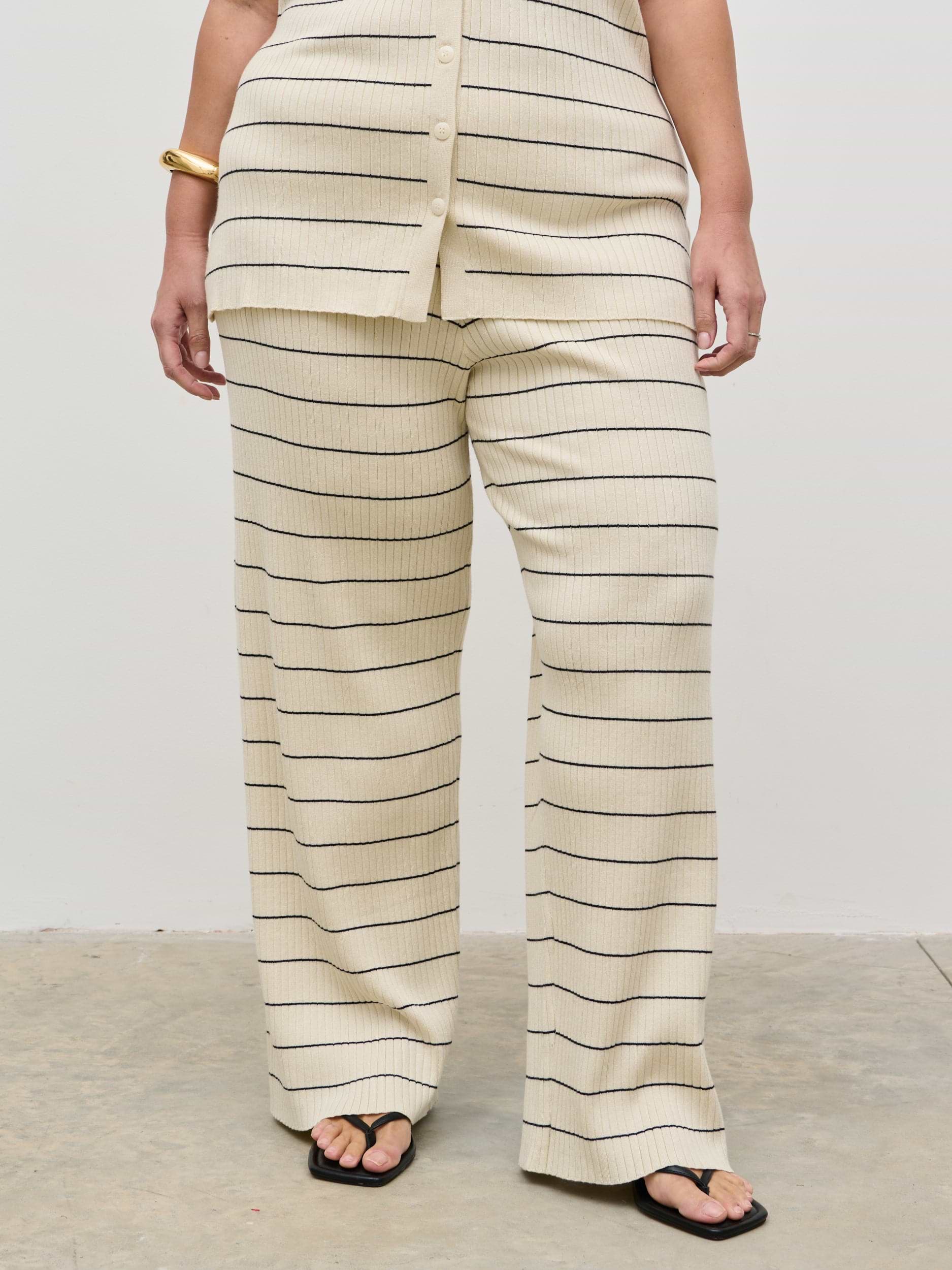 Hattie Stripe Knit Trousers Curve - Cream and Black