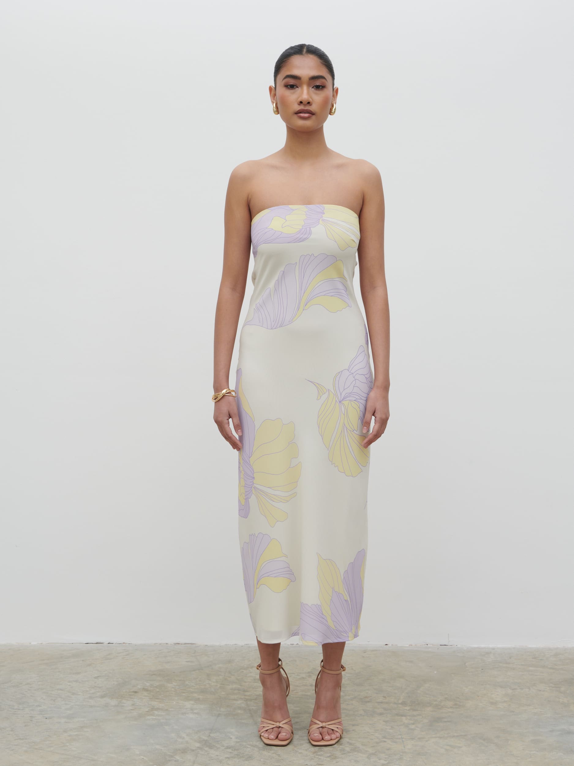 Heather Bandeau Midaxi Dress - Purple and Beige Floral