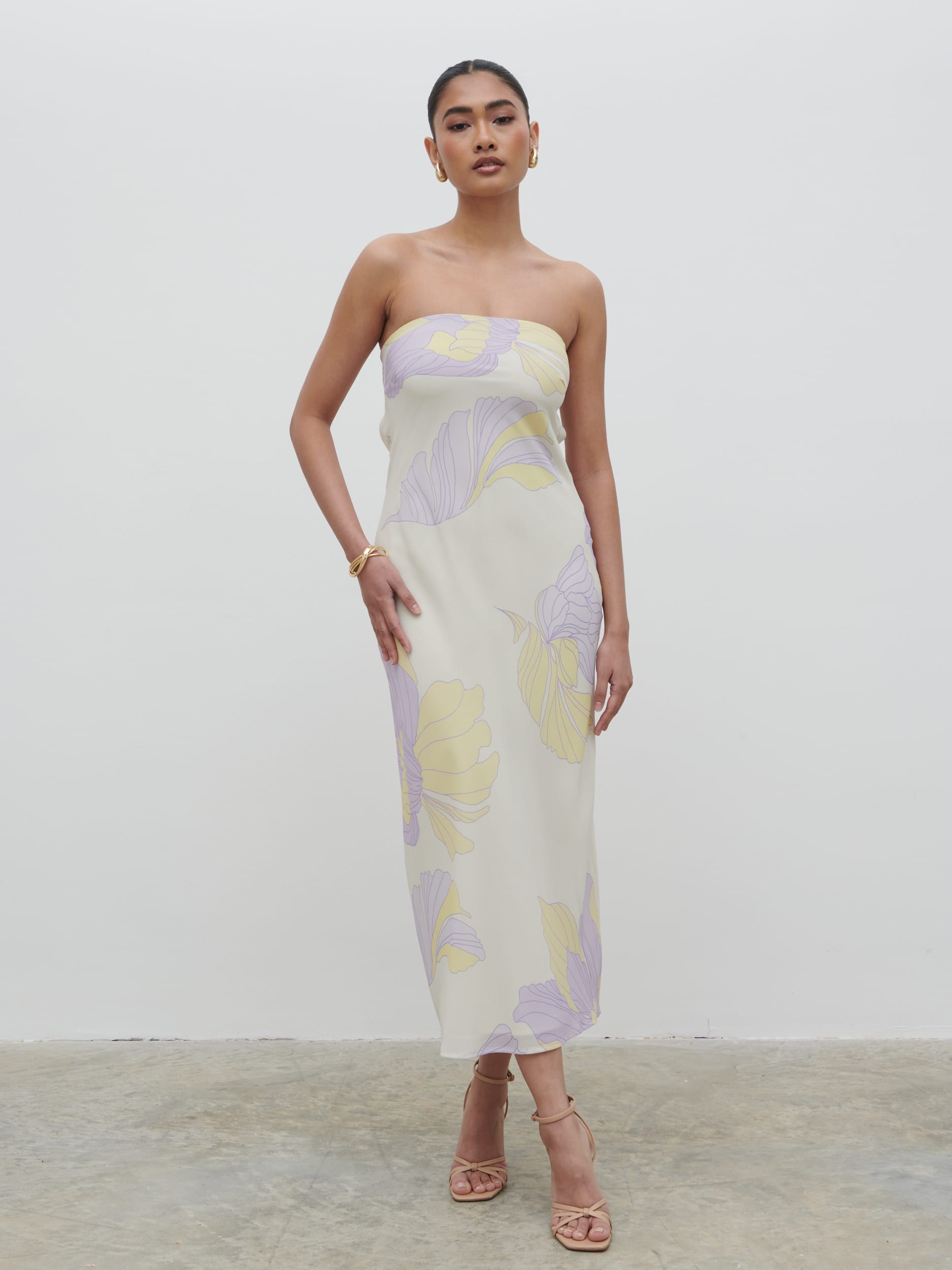 Heather Bandeau Midaxi Dress - Purple and Beige Floral